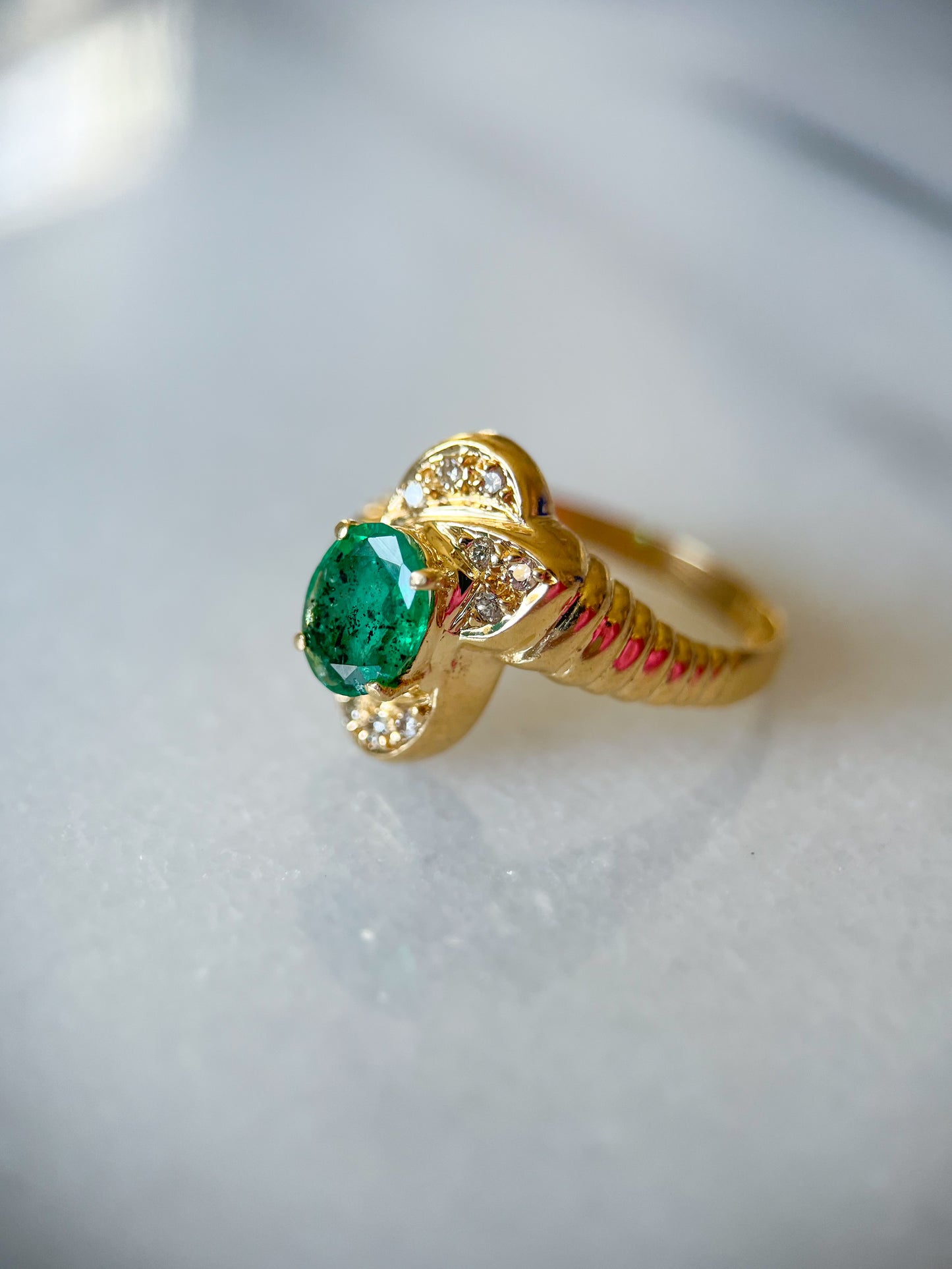 Vintage Natural Emerald and Diamond 14k Yellow Gold Ring