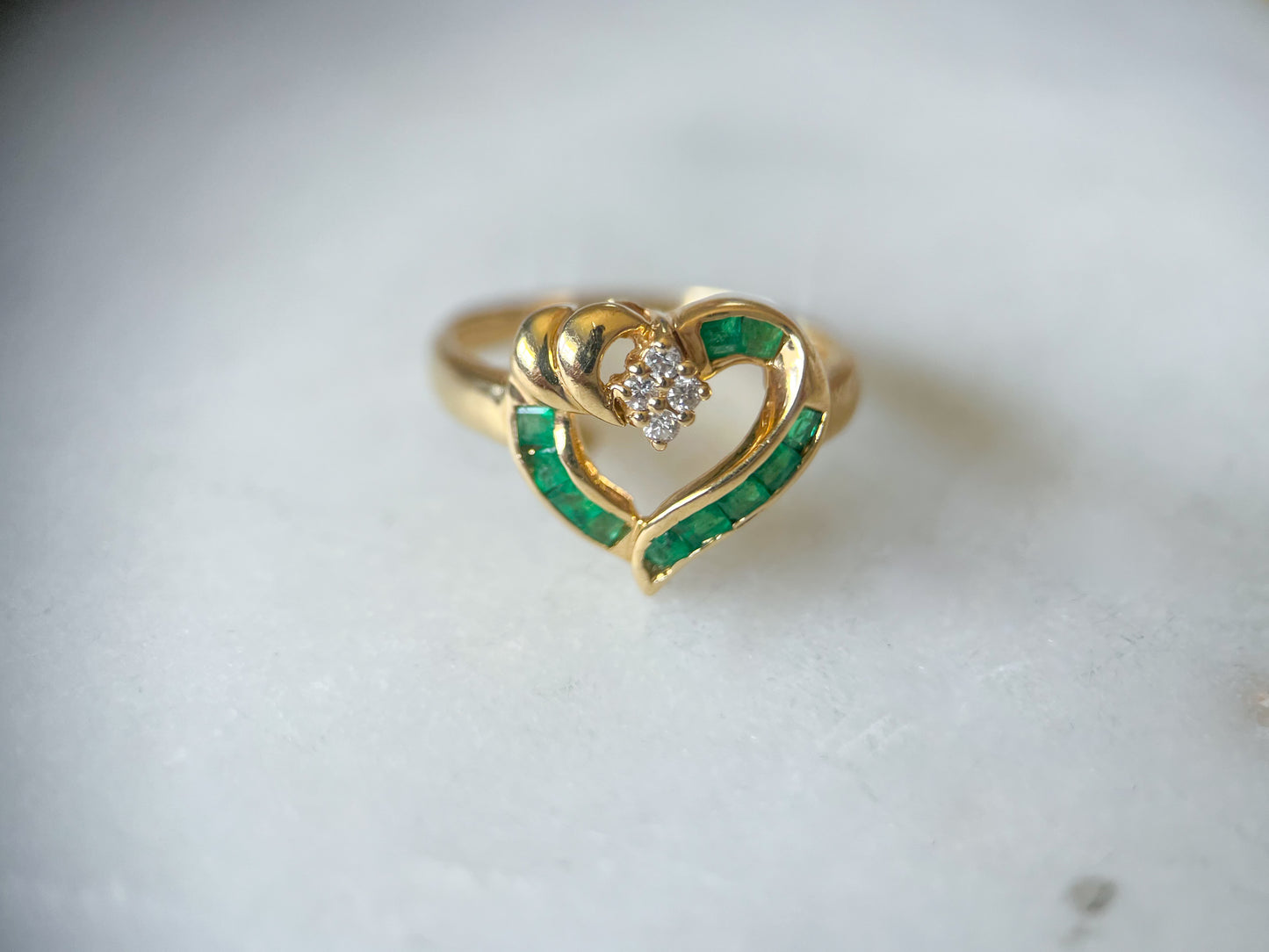 Vintage Natural Emerald and Natural Diamond Heart 14k Yellow Gold Ring