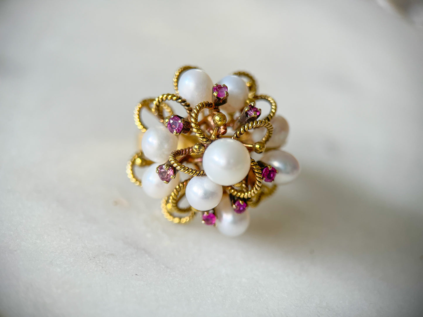 Vintage Cocktail Ring with Pearls and Rubies set in 14k Yellow Gold