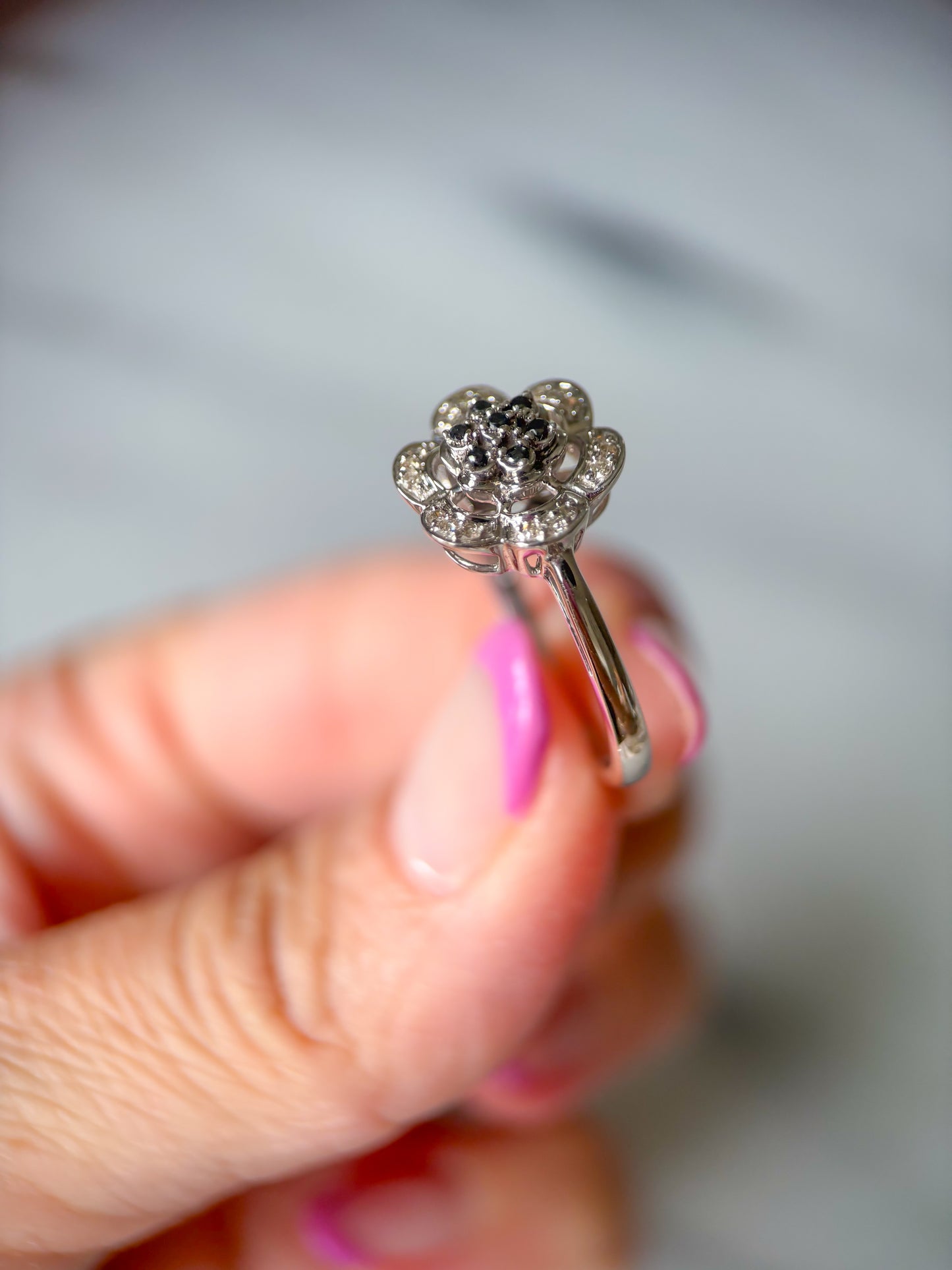 Vintage Natural Black Diamond Flower 14k White Gold Ring