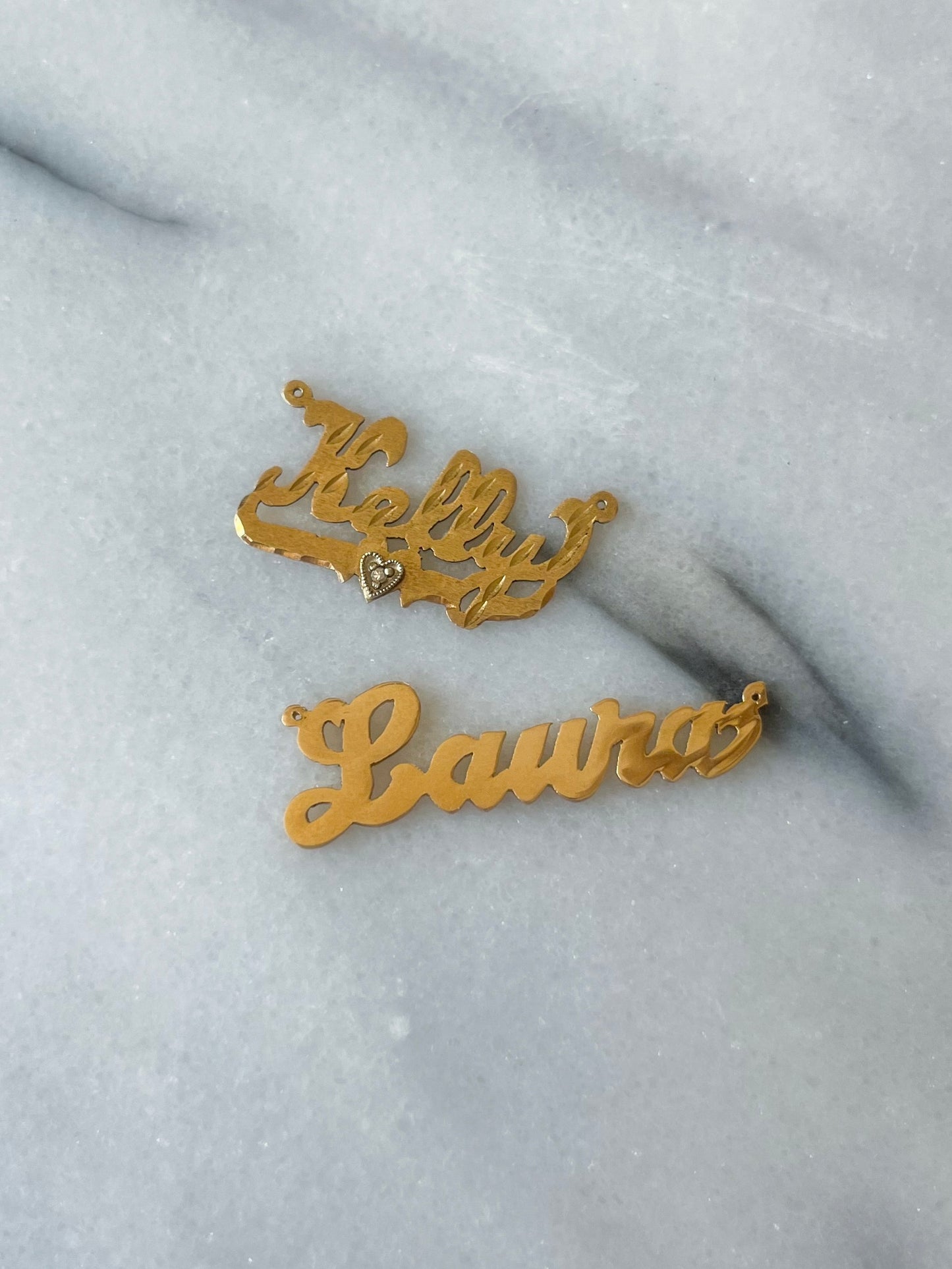 Vintage Name Plates "Kelly" & "Laura" (without chain), 14k Yellow Gold Charms