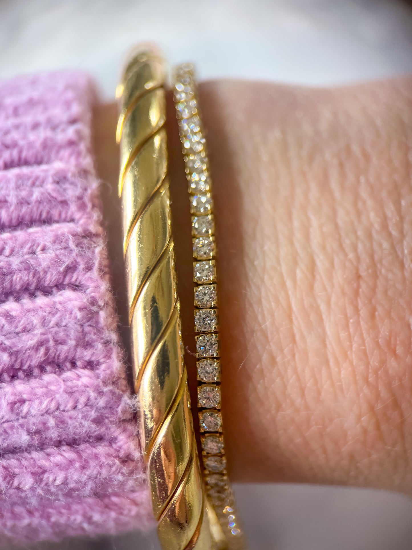 Lab Grown Diamond Tennis Bracelet set in 14k Yellow Gold, 7 Inches - Two Diamond Total Weights