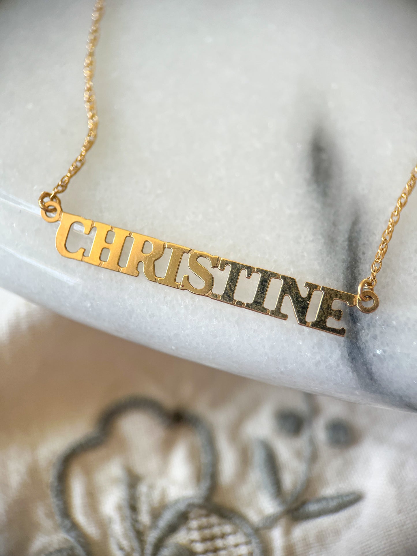 Vintage Name Plate Necklaces - "Adrienne", "Christine", "Pat", "Roz" - 14k Yellow Gold Charms