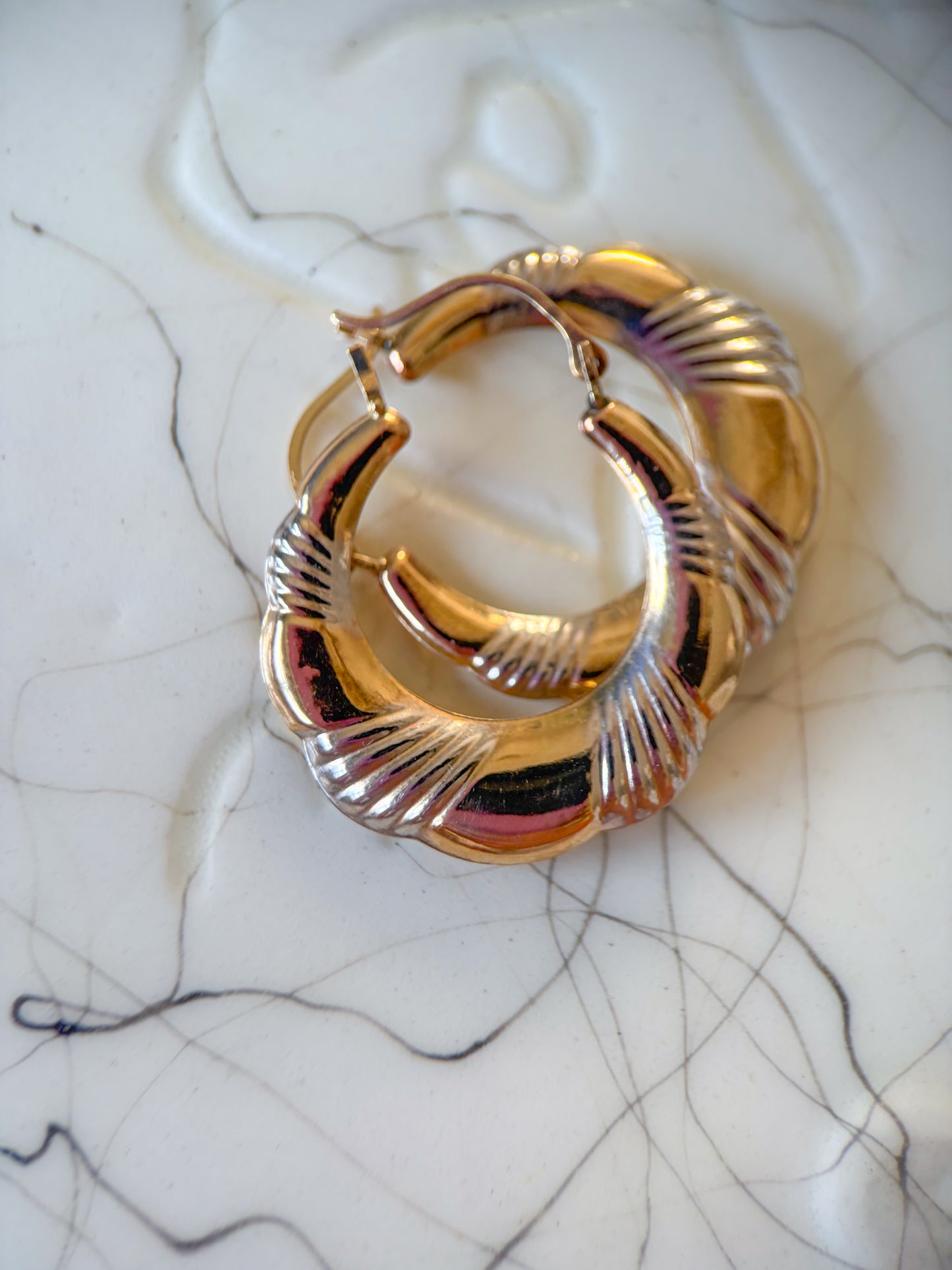 Vintage Two Toned 10k White and Yellow Gold Twist Hoop Earrings