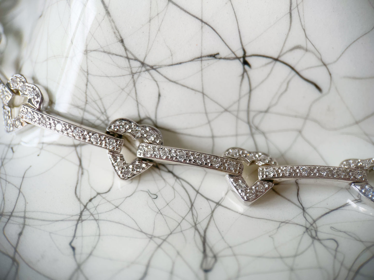 Vintage Natural Diamond Heart 14k White Gold 7 Inch Bracelet