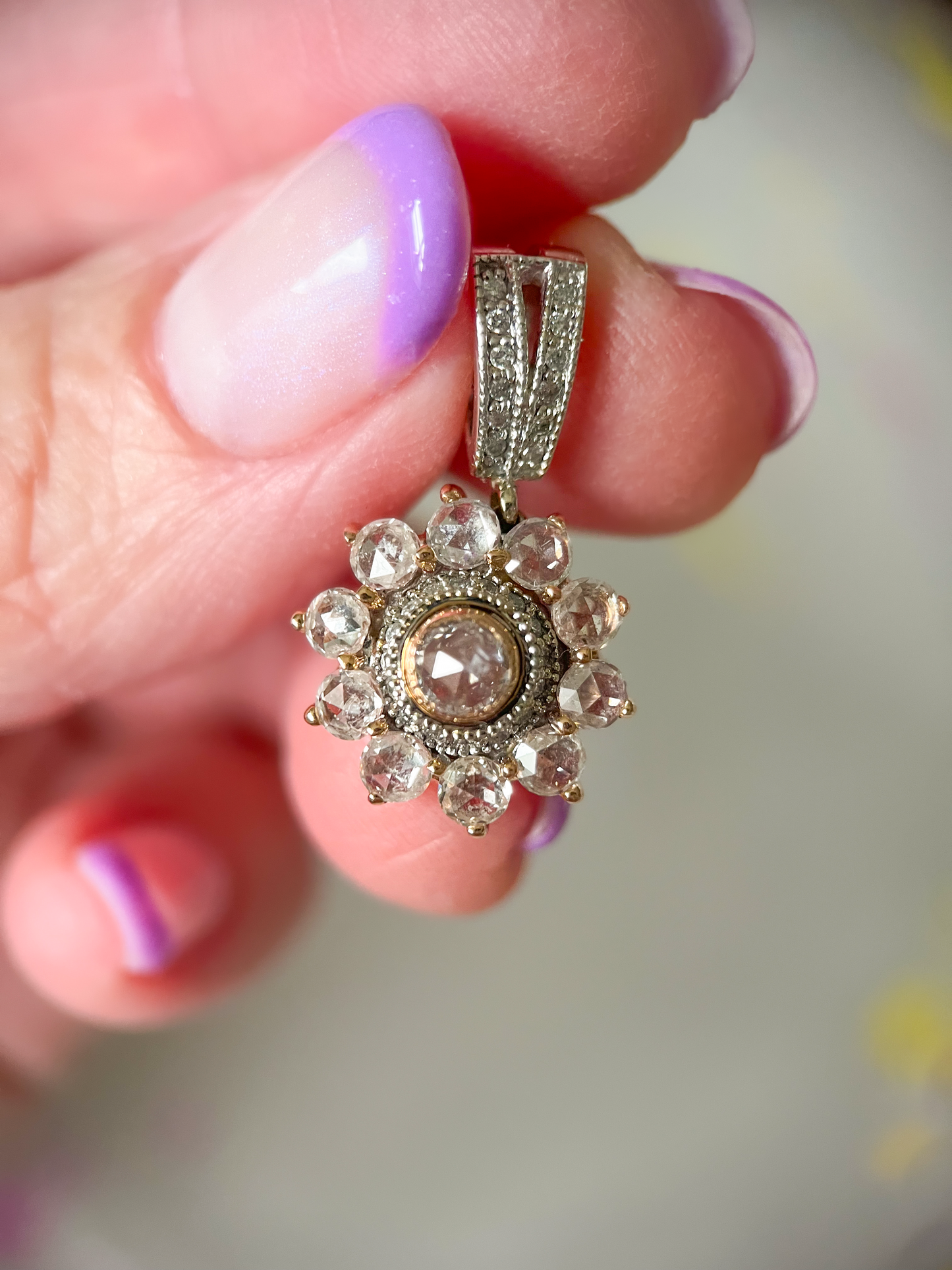 Vintage Natural Diamond Rose Cut Light Pink 14k Rose and White Gold Pendant Charm