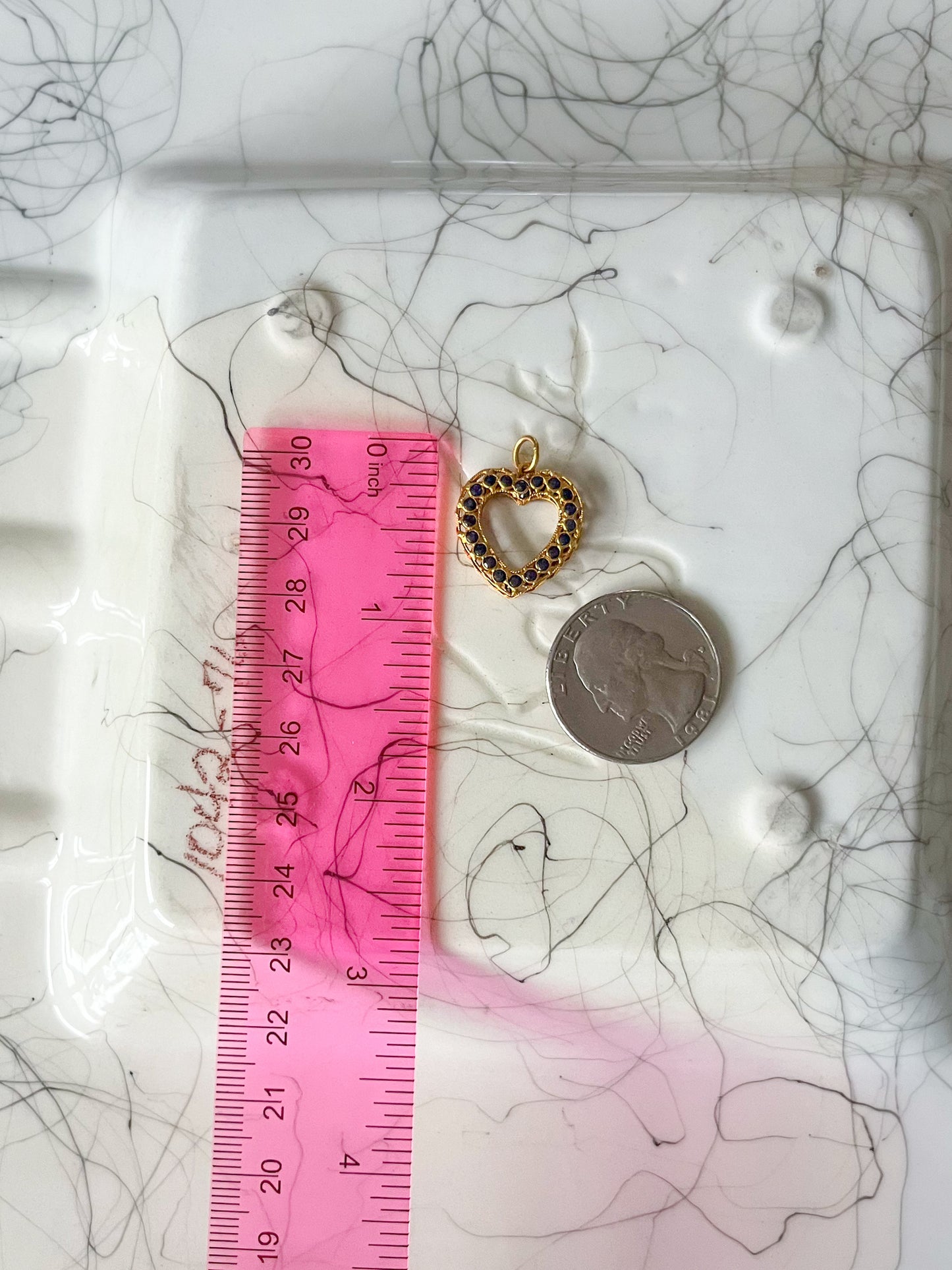 Vintage Natural Sapphire Open Heart 18k Yellow Gold Charm, Circa 1990's