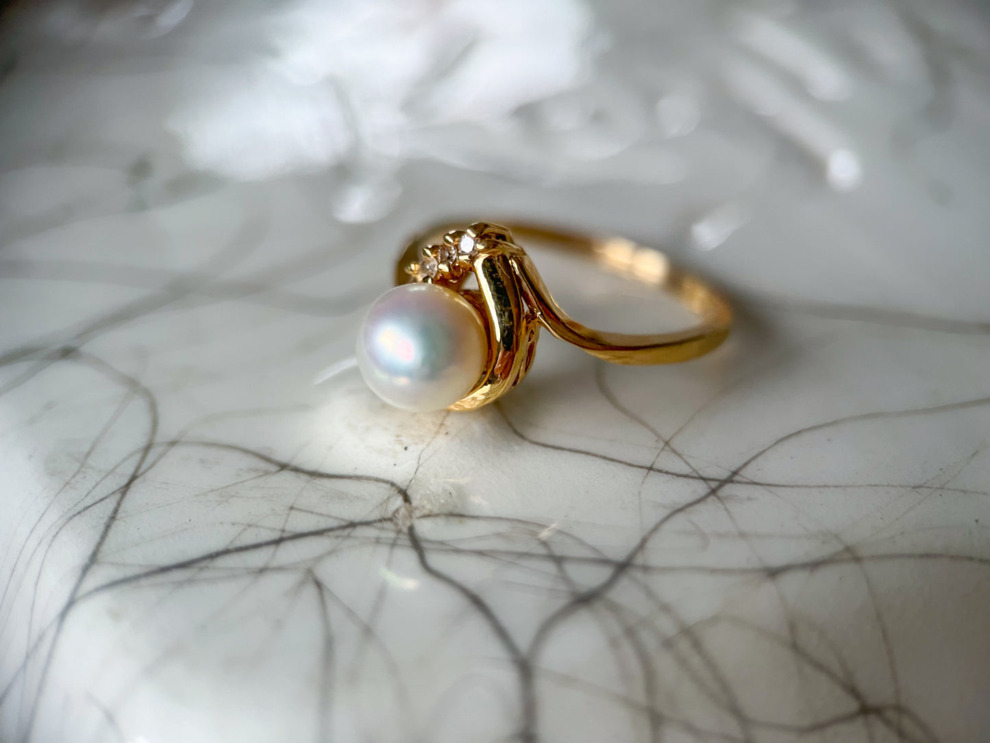 Vintage Natural Pearl and Natural Diamond 14k Yellow Gold Ring