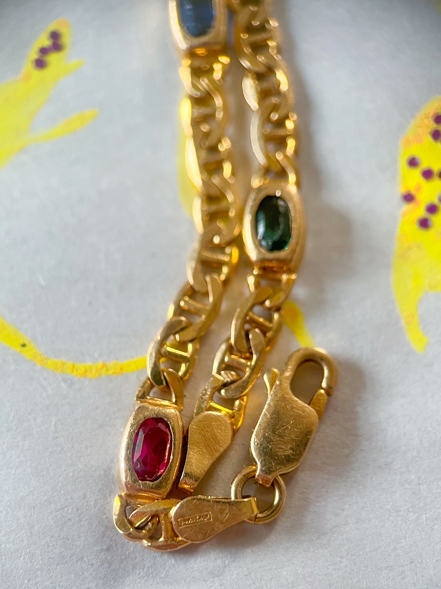 Vintage Multi Gemstone (Synthetic) 14k Yellow Gold Mariner Chain 8 Inch Bracelet