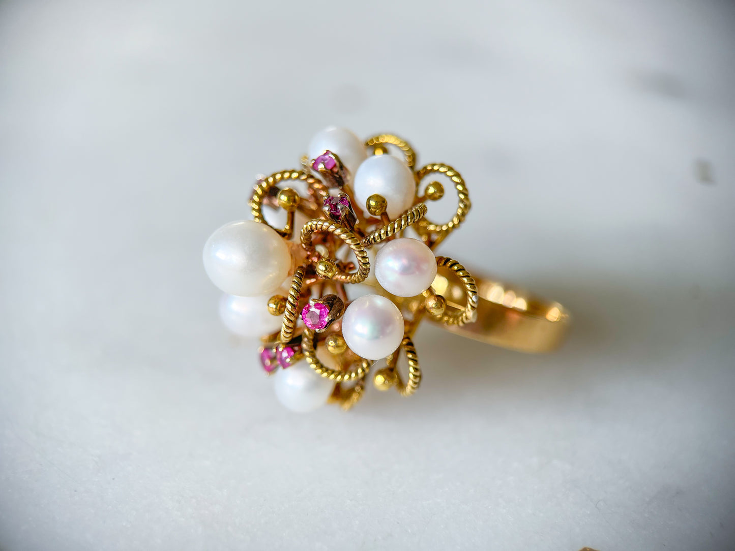 Vintage Cocktail Ring with Pearls and Rubies set in 14k Yellow Gold