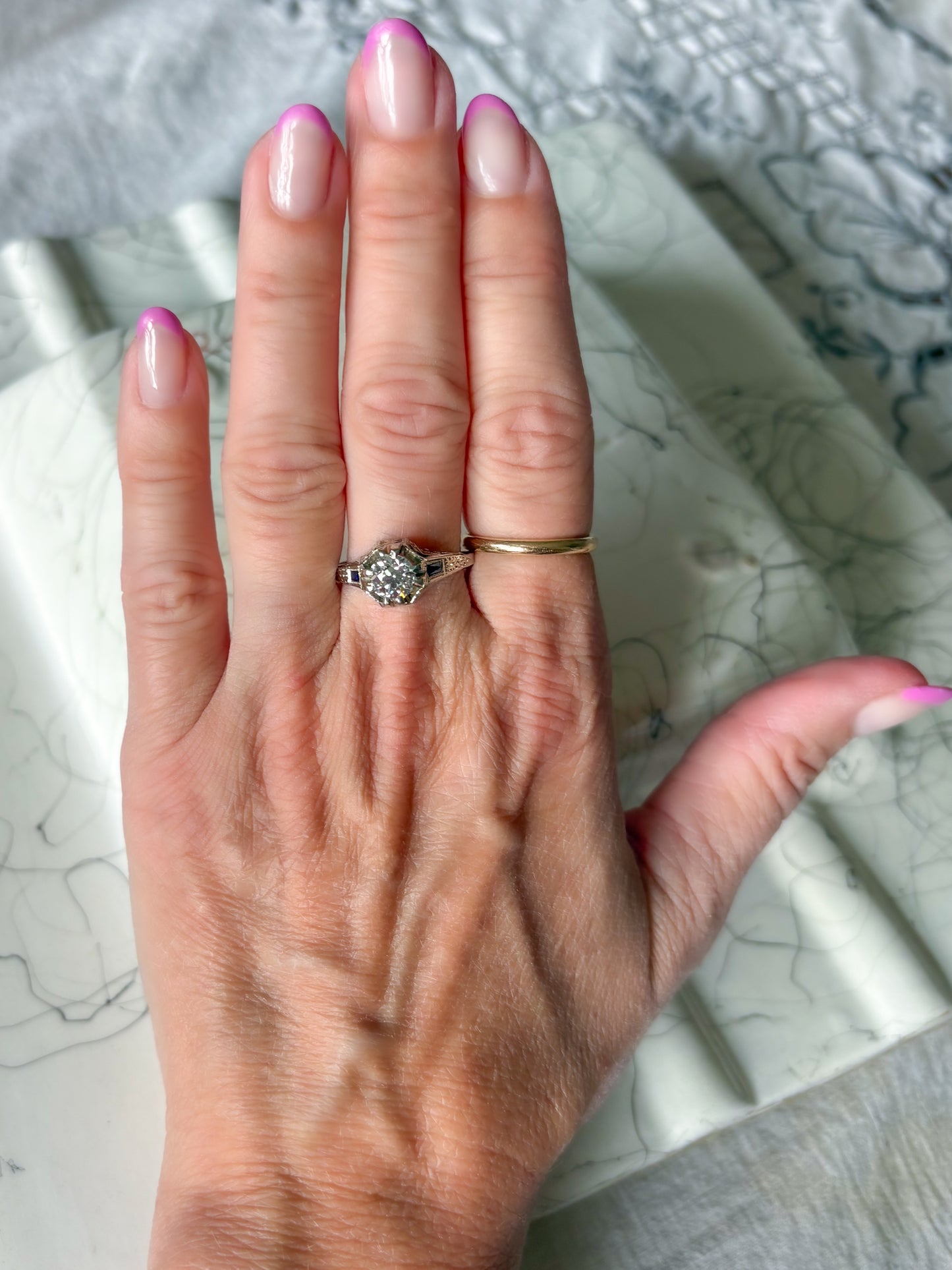 Vintage Natural Old Miner Diamond and Natural Sapphire 18k White Gold Ring
