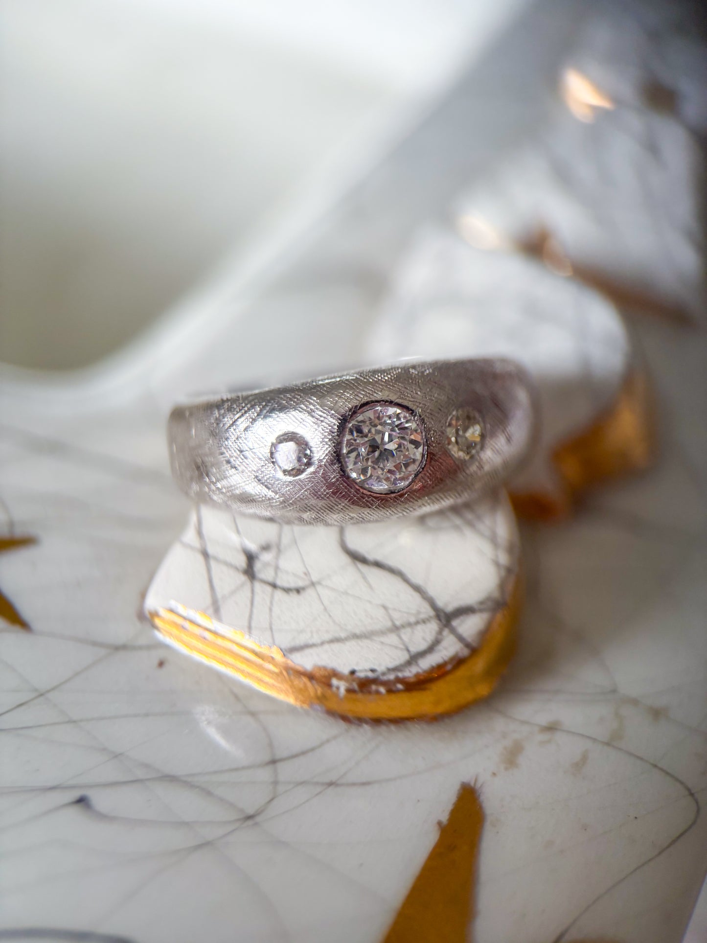 Vintage Natural Diamond Three Stone 14k White Gold Mens Ring