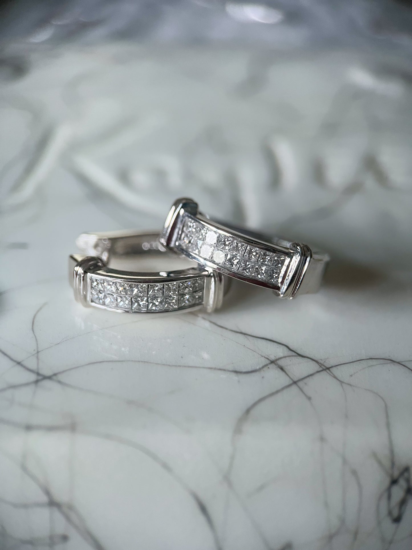 Natural Princess Cut Diamond 14k White Gold Half Hoop Earrings