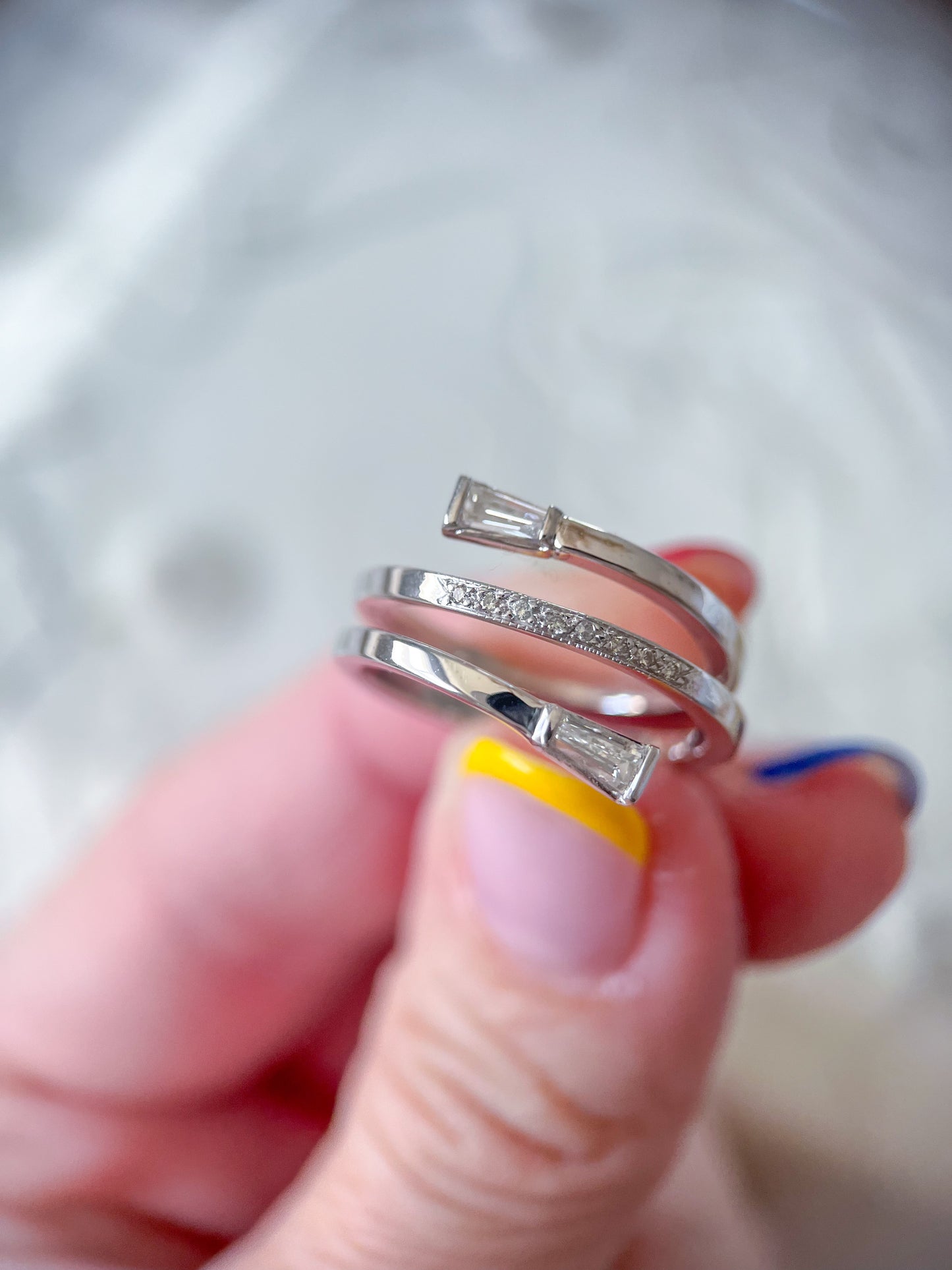 Vintage Baguette Natural Diamond Wrap 14k White Gold Ring