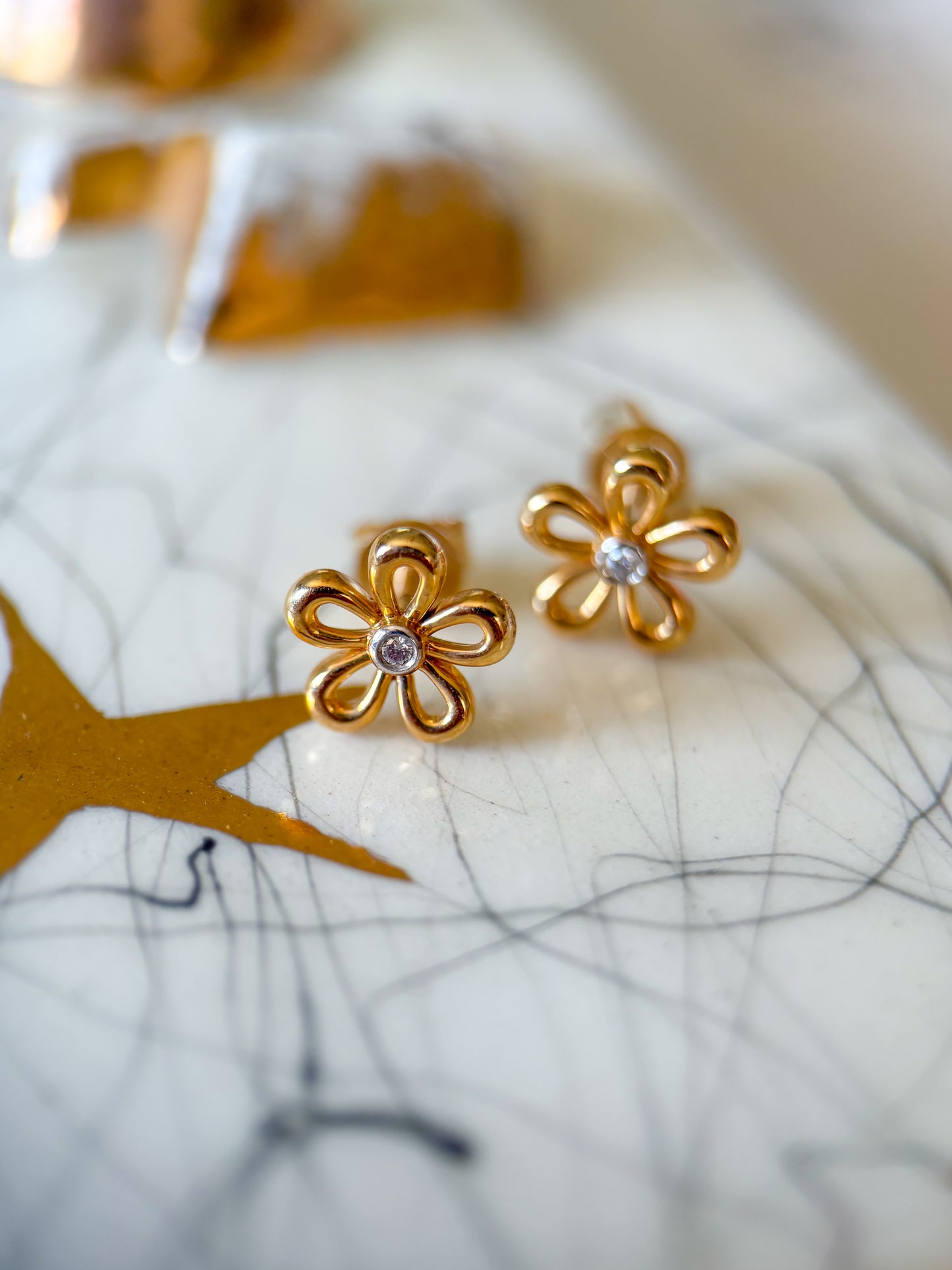 Natural Diamond Flower 14k Yellow Gold Stud Earrings