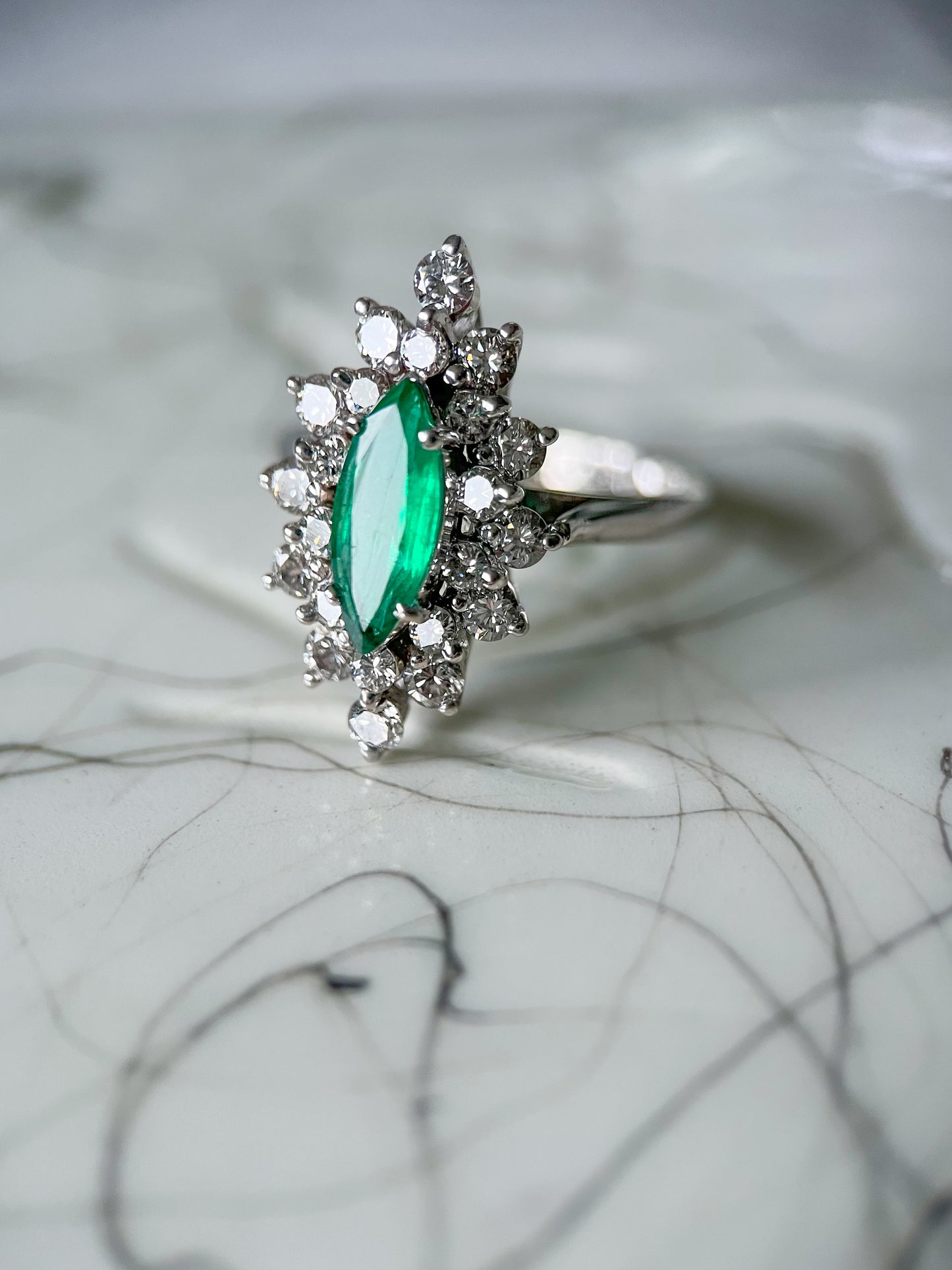 Vintage Natural Emerald and Diamond 14k White Gold Ring