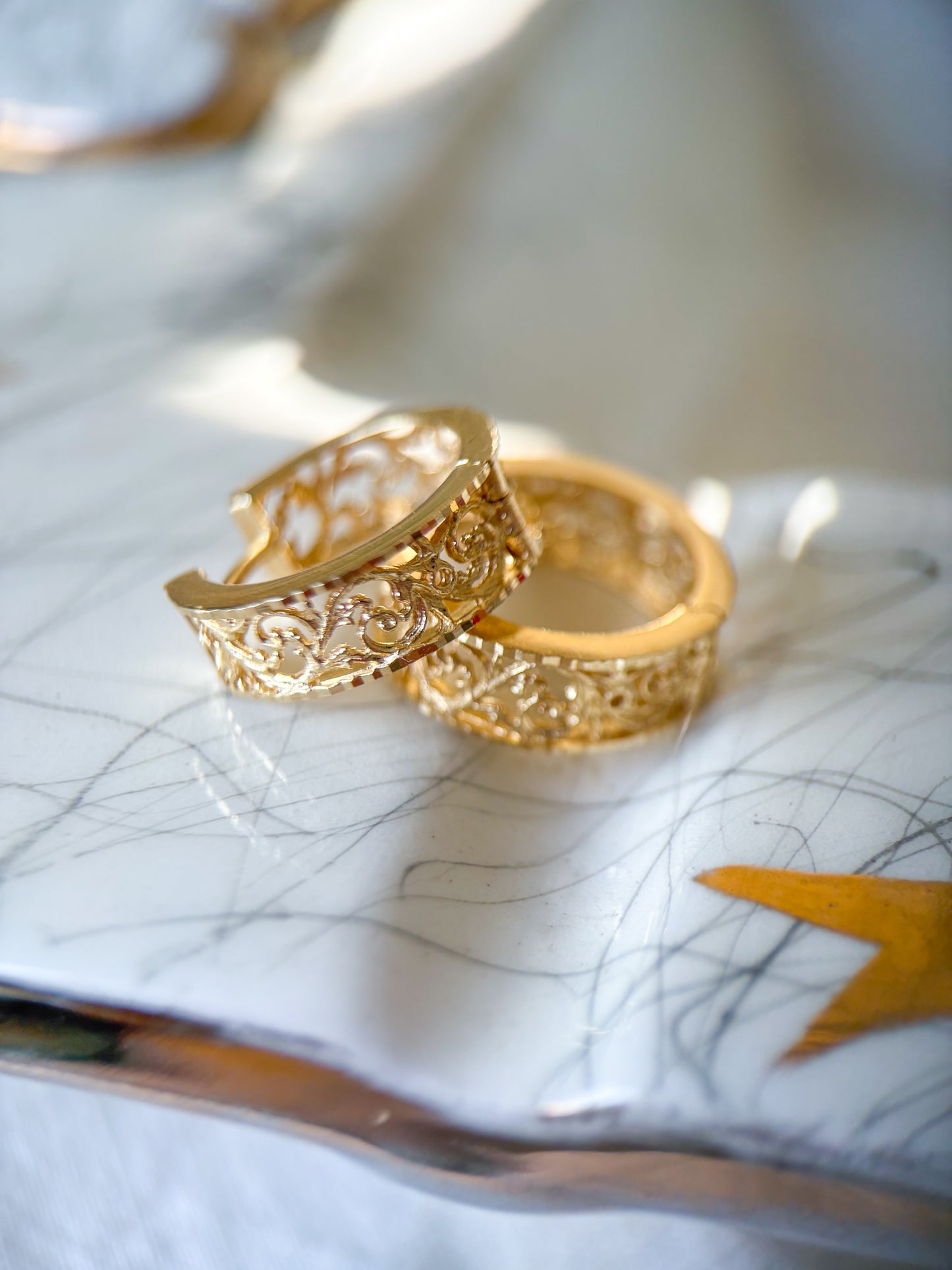 Vintage Filigree Huggies 14k Yellow Gold Earrings