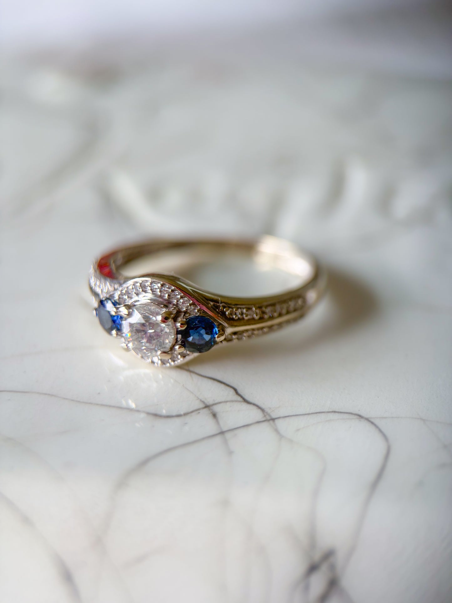 Vintage Natural Diamond and Natural Sapphire 14k White Gold Ring
