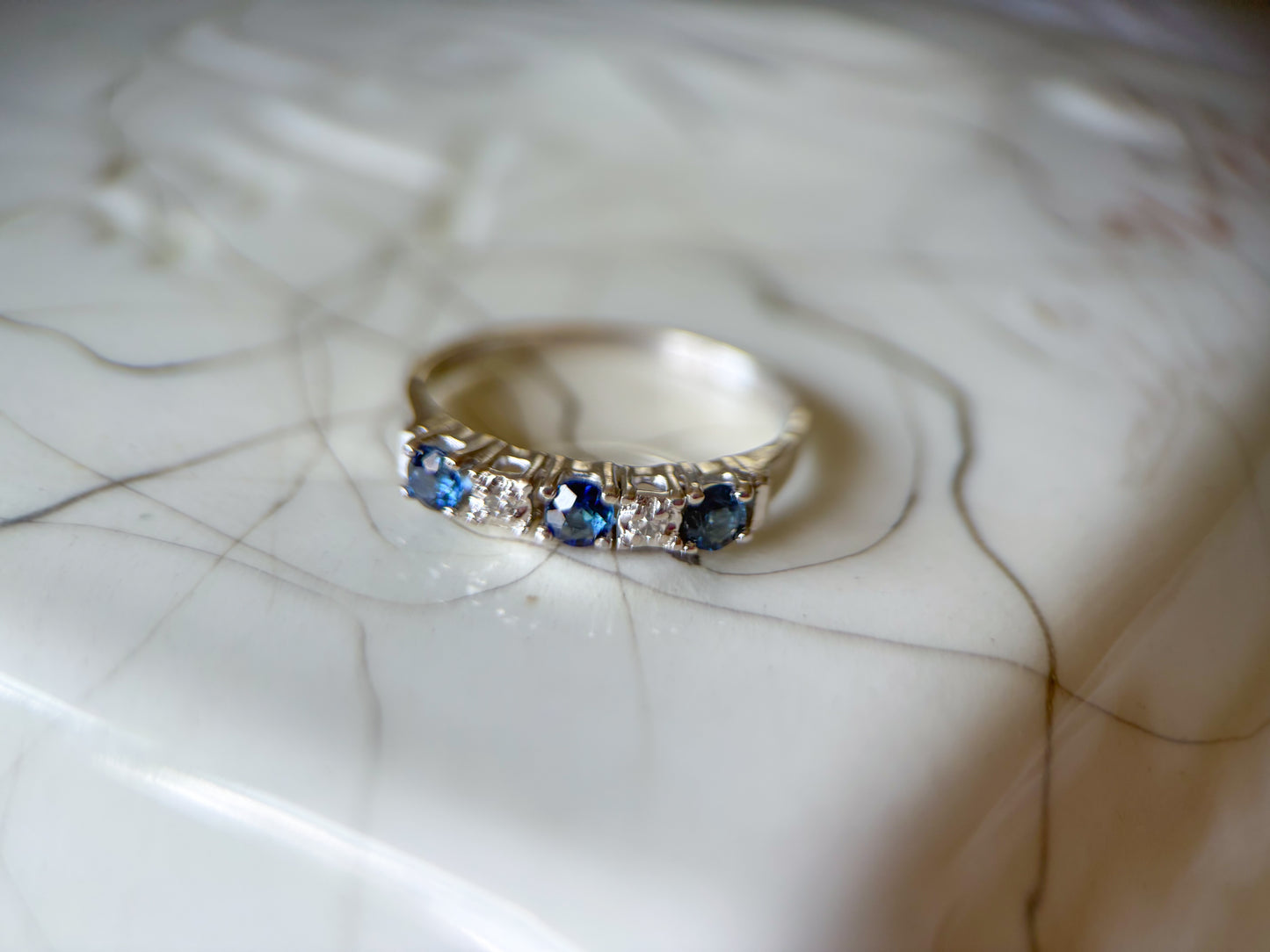Vintage Natural Sapphire and Natural Diamond 14k White Gold Half Band