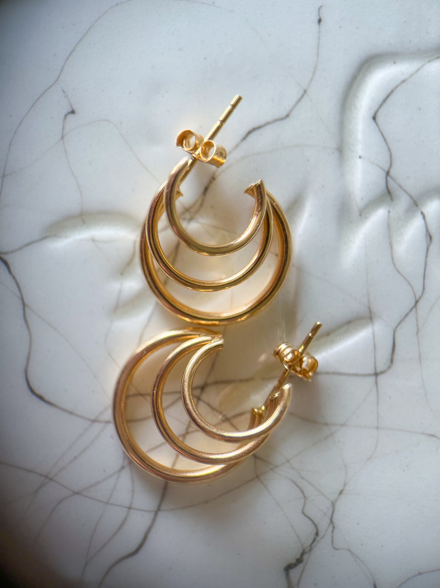 Vintage Triple Hoop 14k Yellow Gold Stud Earrings
