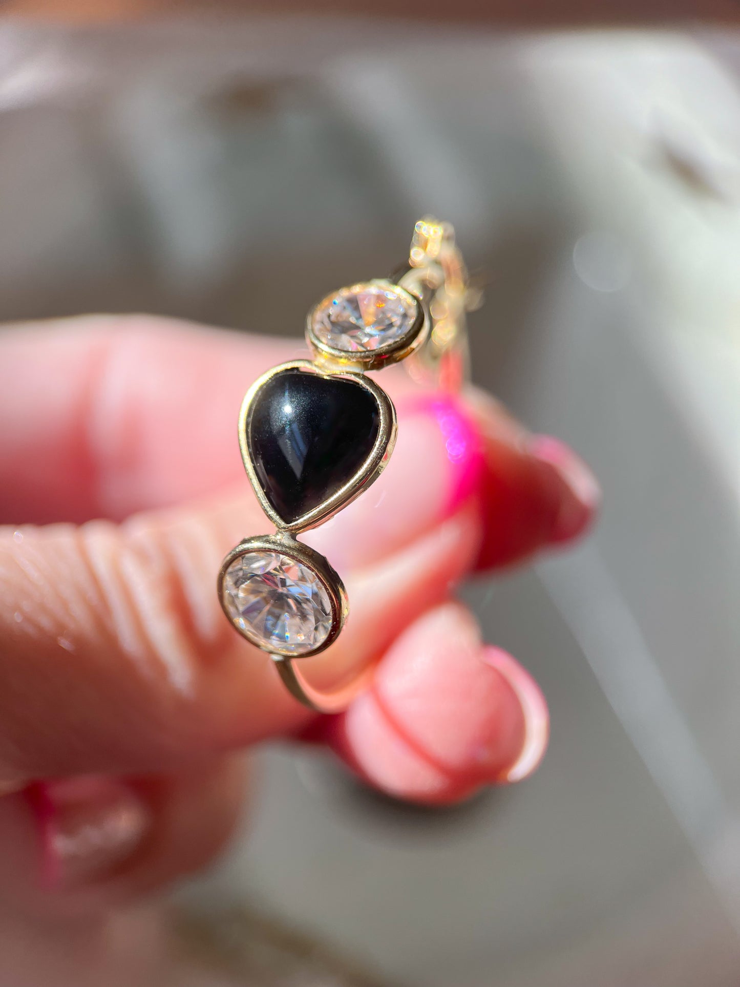 Vintage Onyx and CZ Three Stone Hoop Earrings