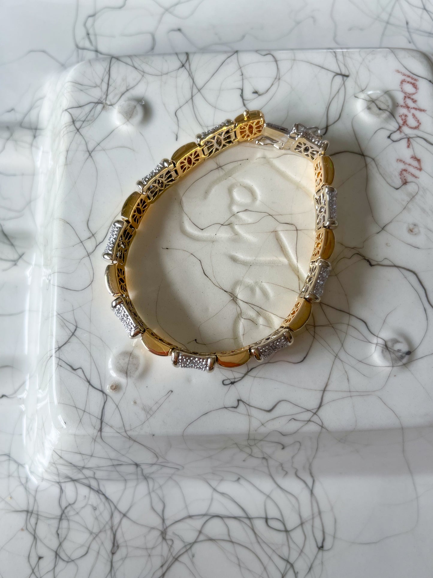 Vintage Natural Diamond 14k White Gold and Yellow Gold Two Toned Heavy 7 Inch Bracelet