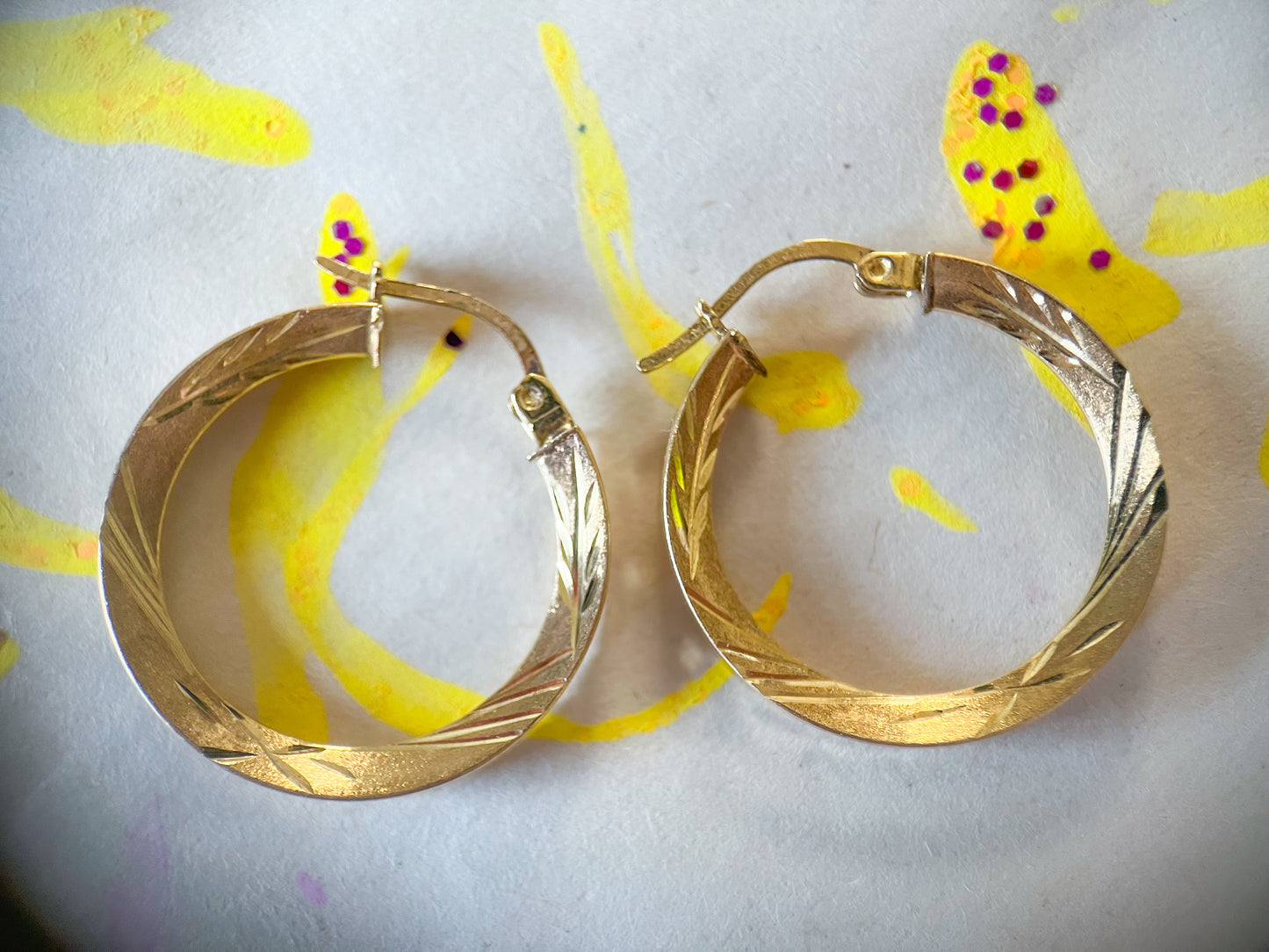 Vintage Faceted Squared Tube Medium 10k Yellow Gold Hoop Earrings