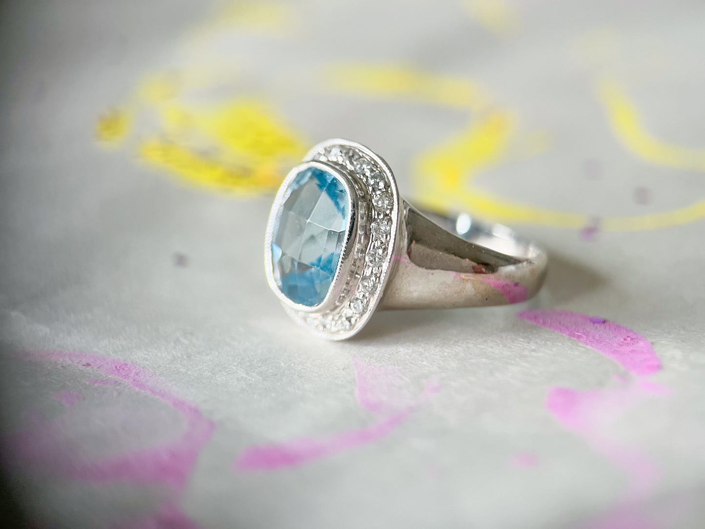 Vintage Natural Aquamarine Cushion Cut and Diamond 18k White Gold Ring