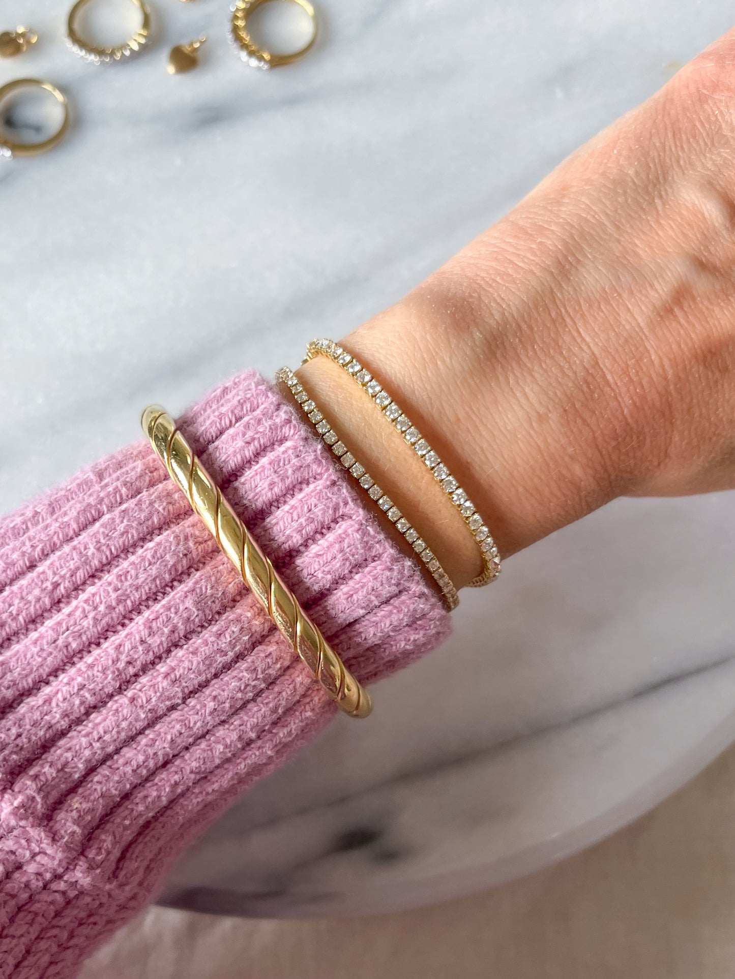 Lab Grown Diamond Tennis Bracelet set in 14k Yellow Gold, 7 Inches - Two Diamond Total Weights