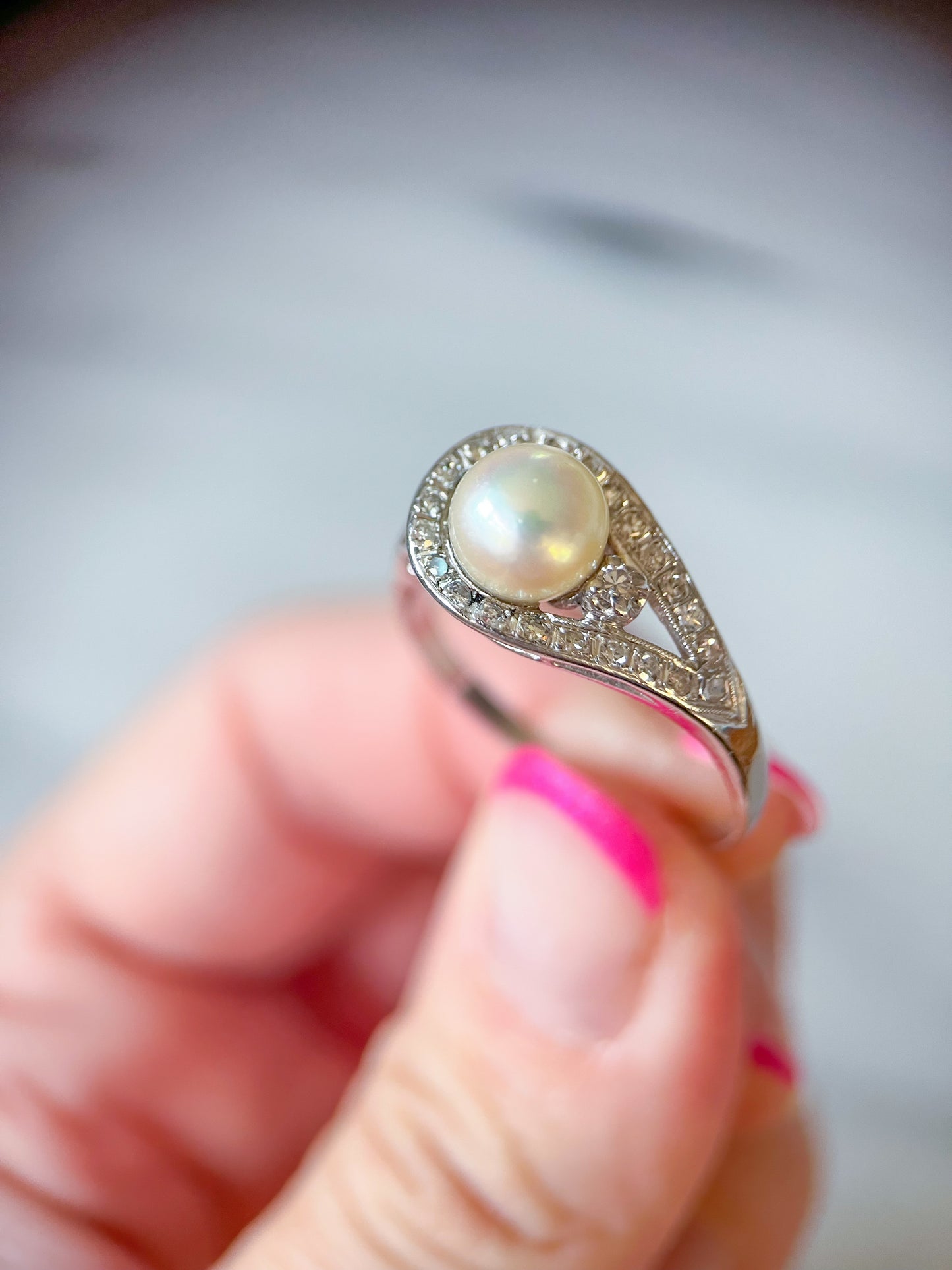 Vintage Natural Pearl and Natural Diamond 14k White Gold Statement Ring