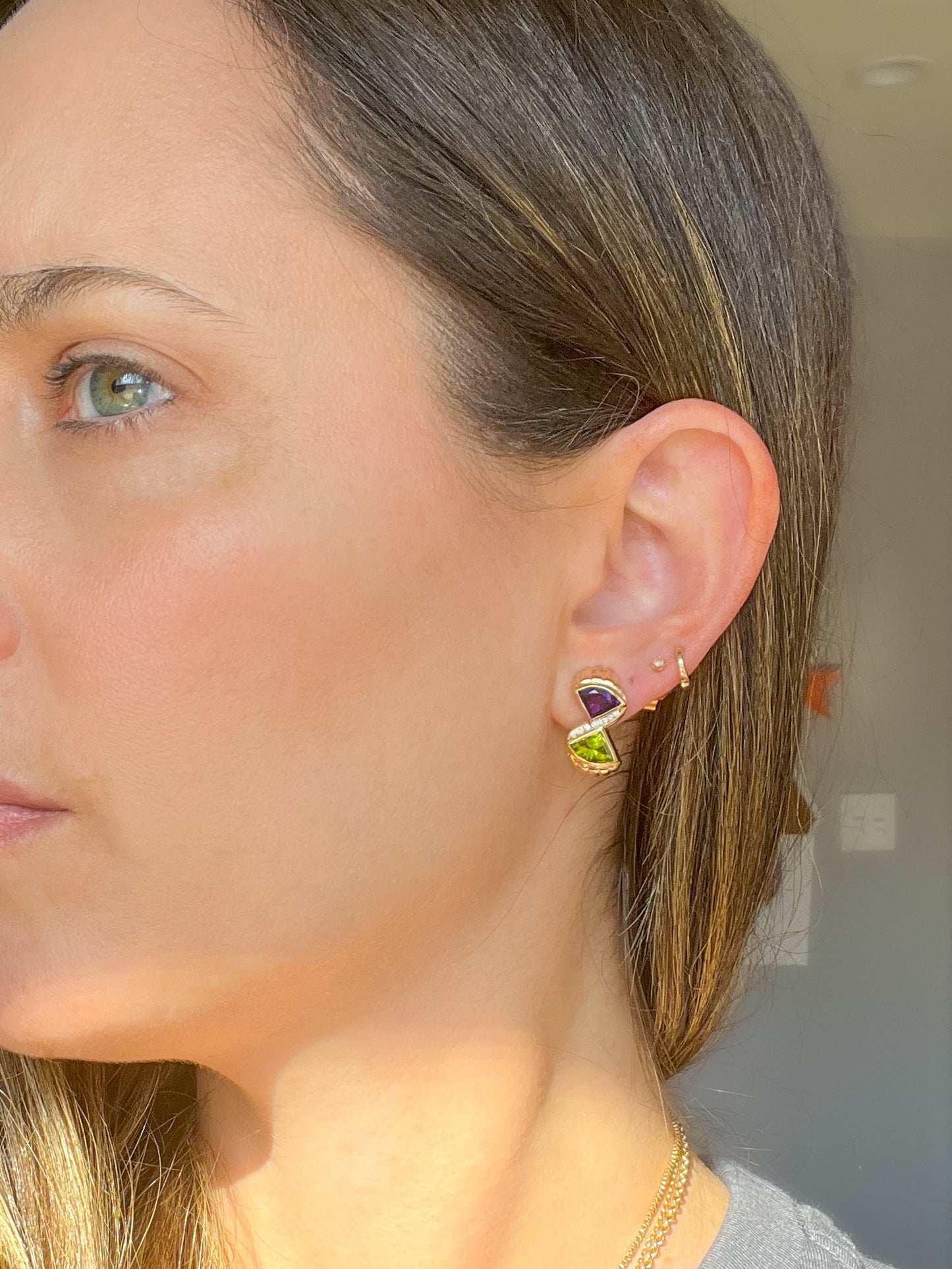 Vintage Natural Amethyst, Peridot and Diamond 14k Yellow Gold Earrings, circa 1980s