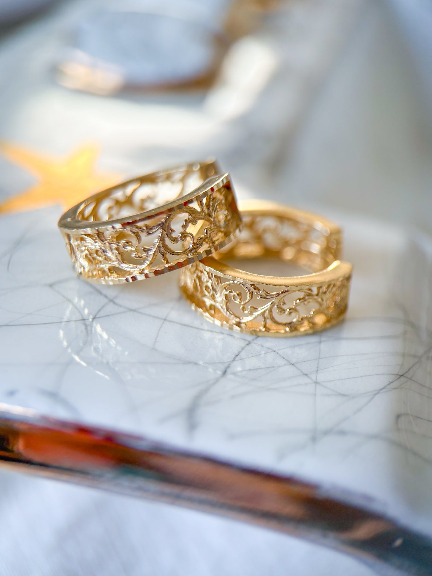 Vintage Filigree Huggies 14k Yellow Gold Earrings