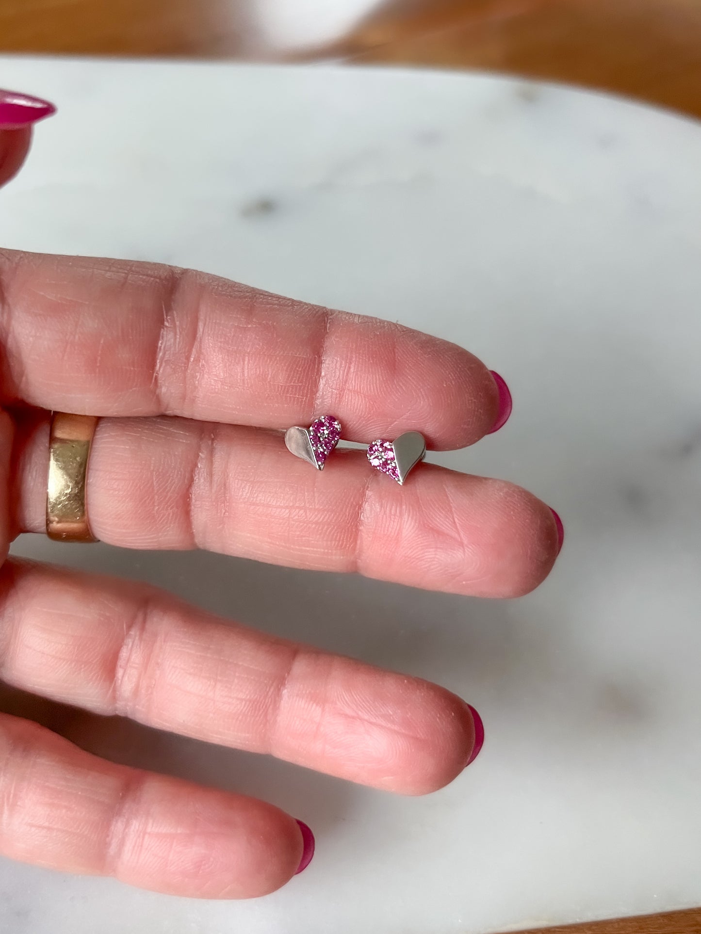 Various Mini 14k White Gold Studs - Hearts with Pink CZ
