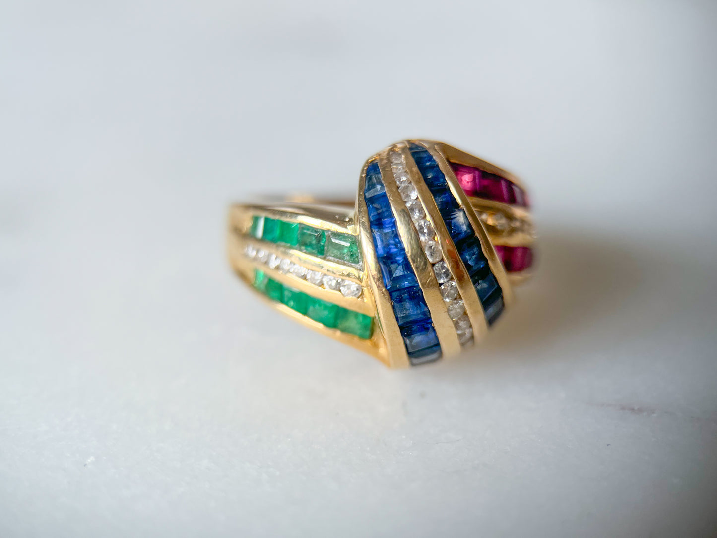 Vintage 14k Yellow Gold Natural Sapphire, Ruby, Emerald and Diamond Ring, circa 1990s