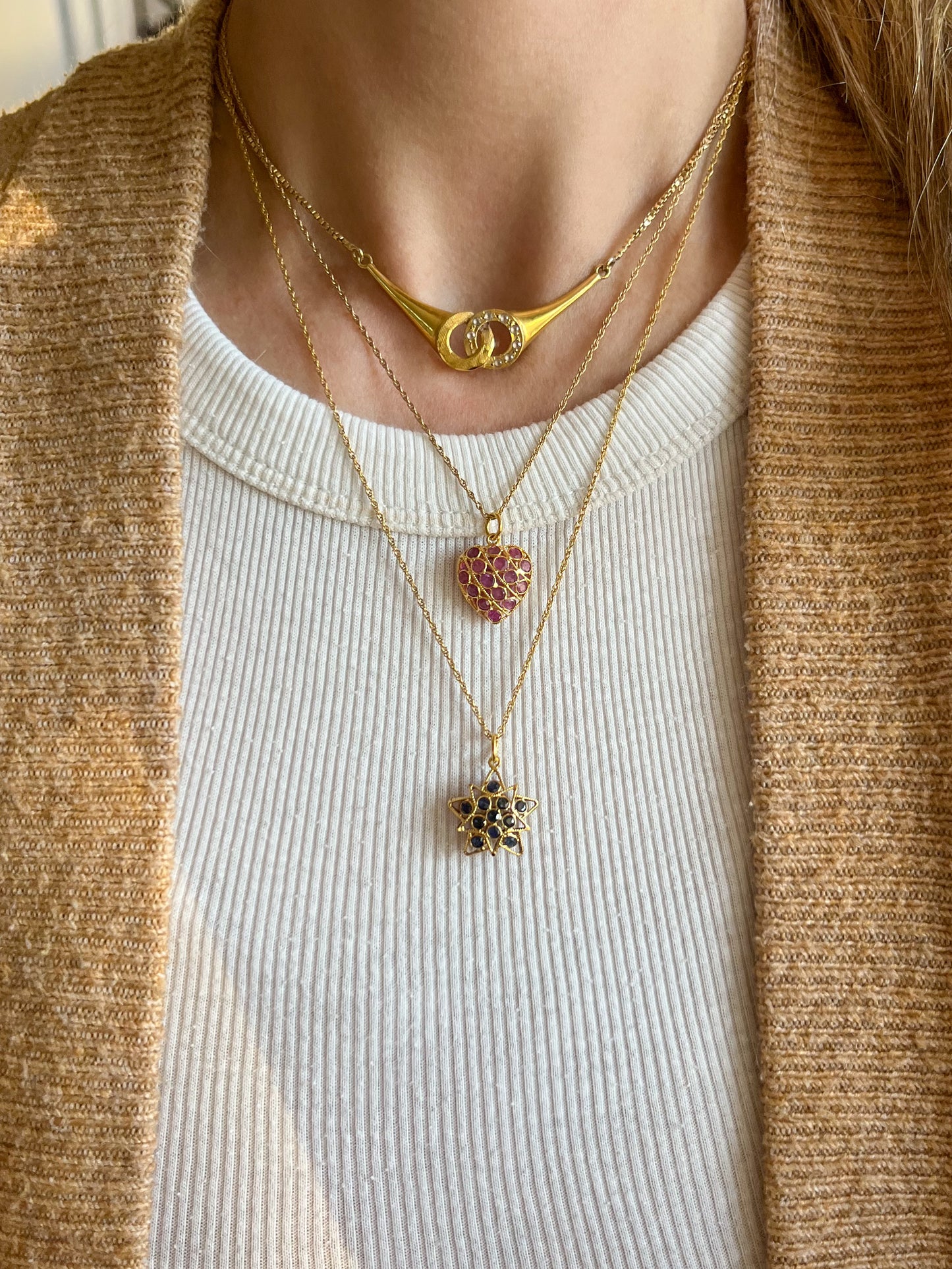 Vintage Natural Sapphire Puffy Star and Vintage Ruby Puffy Heart 18k Yellow Gold Charms, Circa 1990's
