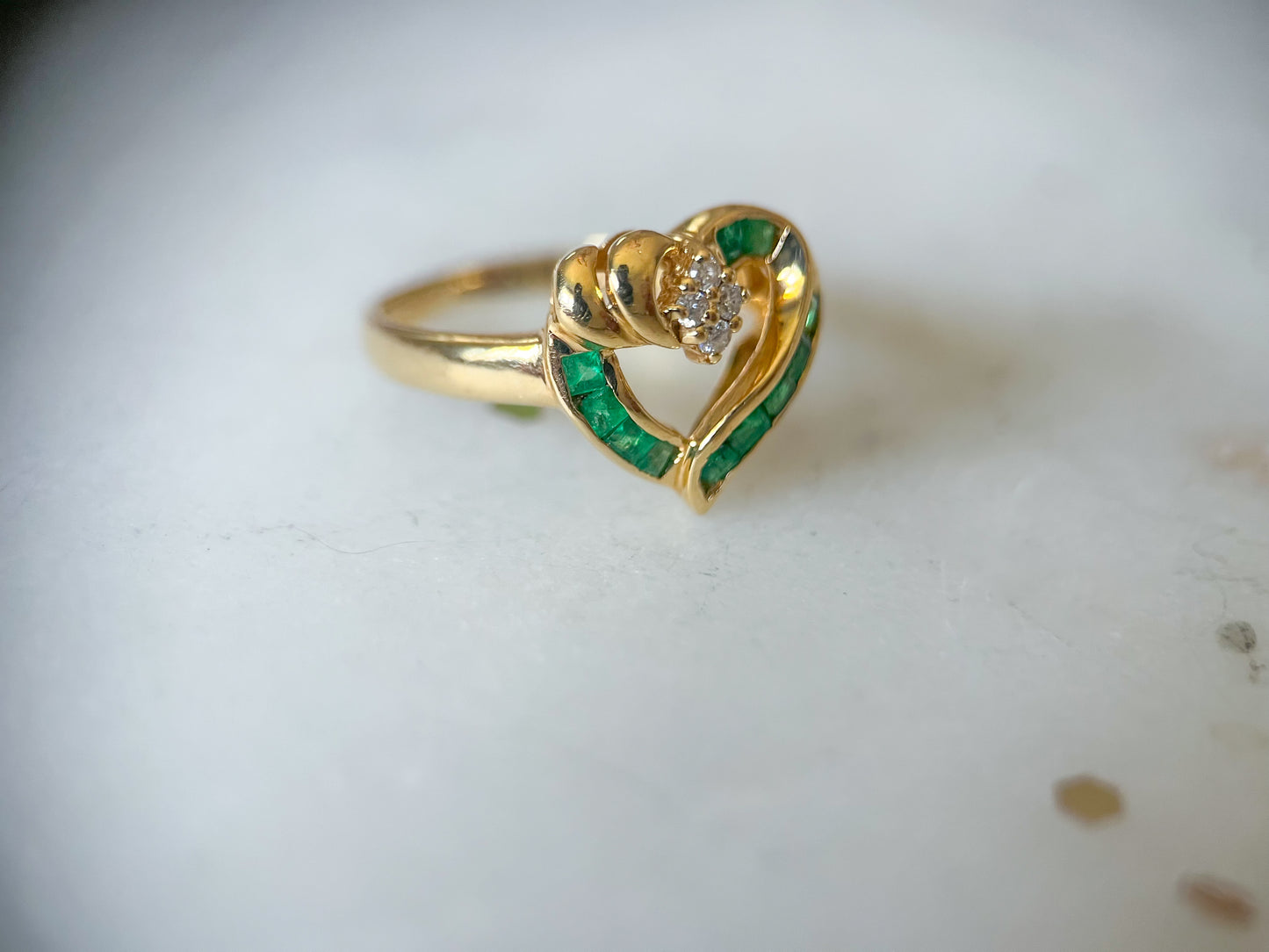 Vintage Natural Emerald and Natural Diamond Heart 14k Yellow Gold Ring