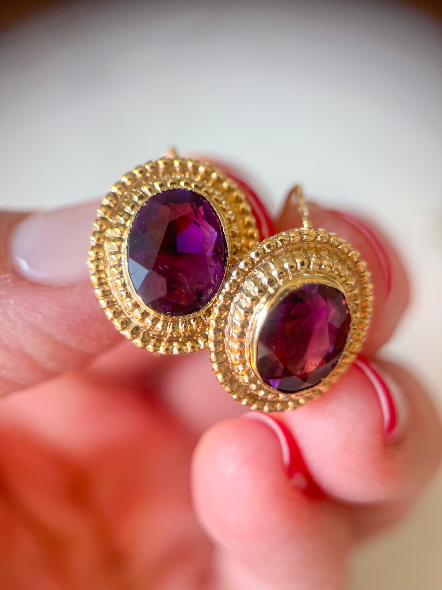 Vintage Natural Oval Amethyst 14k Yellow Gold Earrings, circa 1980s