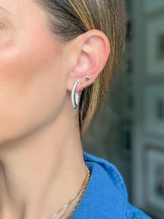 Vintage 14k White Gold Natural Diamond V Shaped Hoops