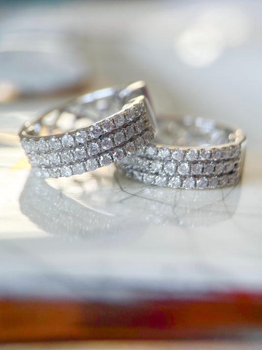 Natural Diamond Three Row 14k White Gold Huggie Earrings