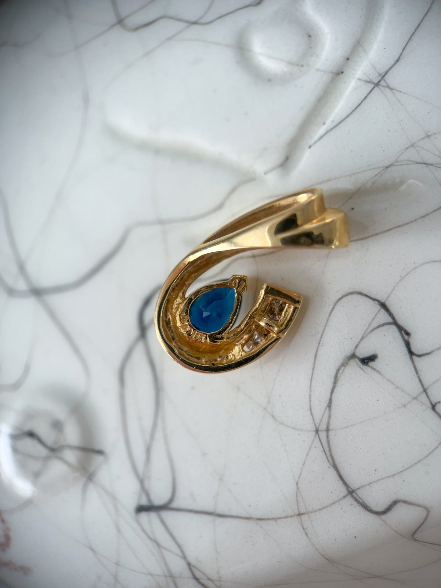 Vintage Natural Pear Shaped Sapphire and Diamond Slider 14k Yellow Gold Charm