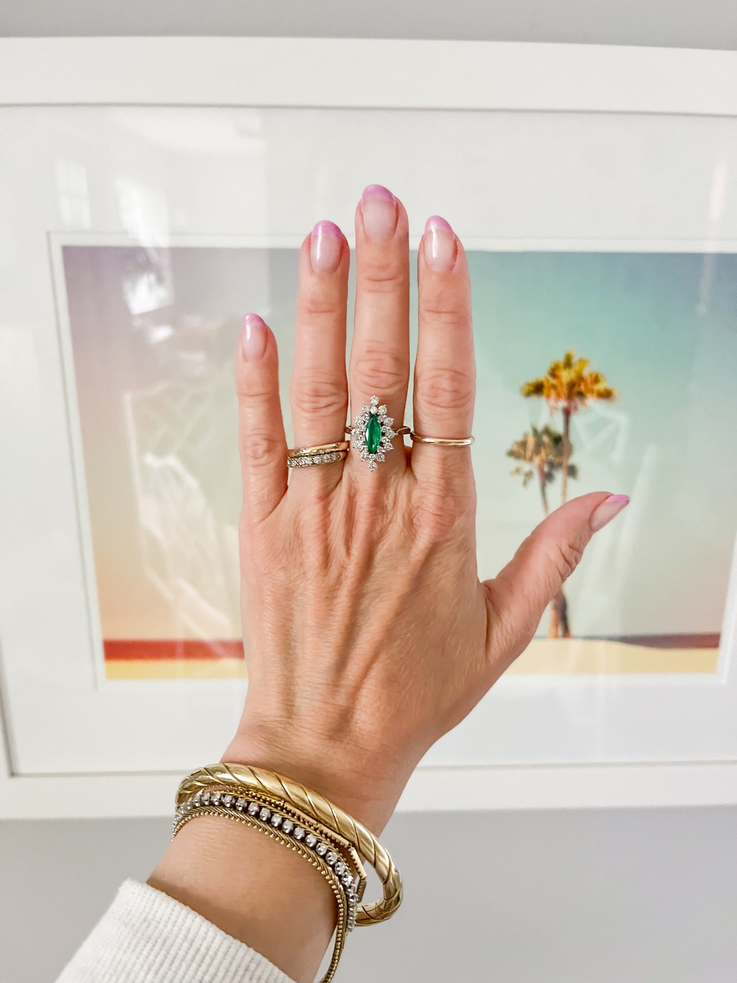 Vintage Natural Emerald and Diamond 14k White Gold Ring