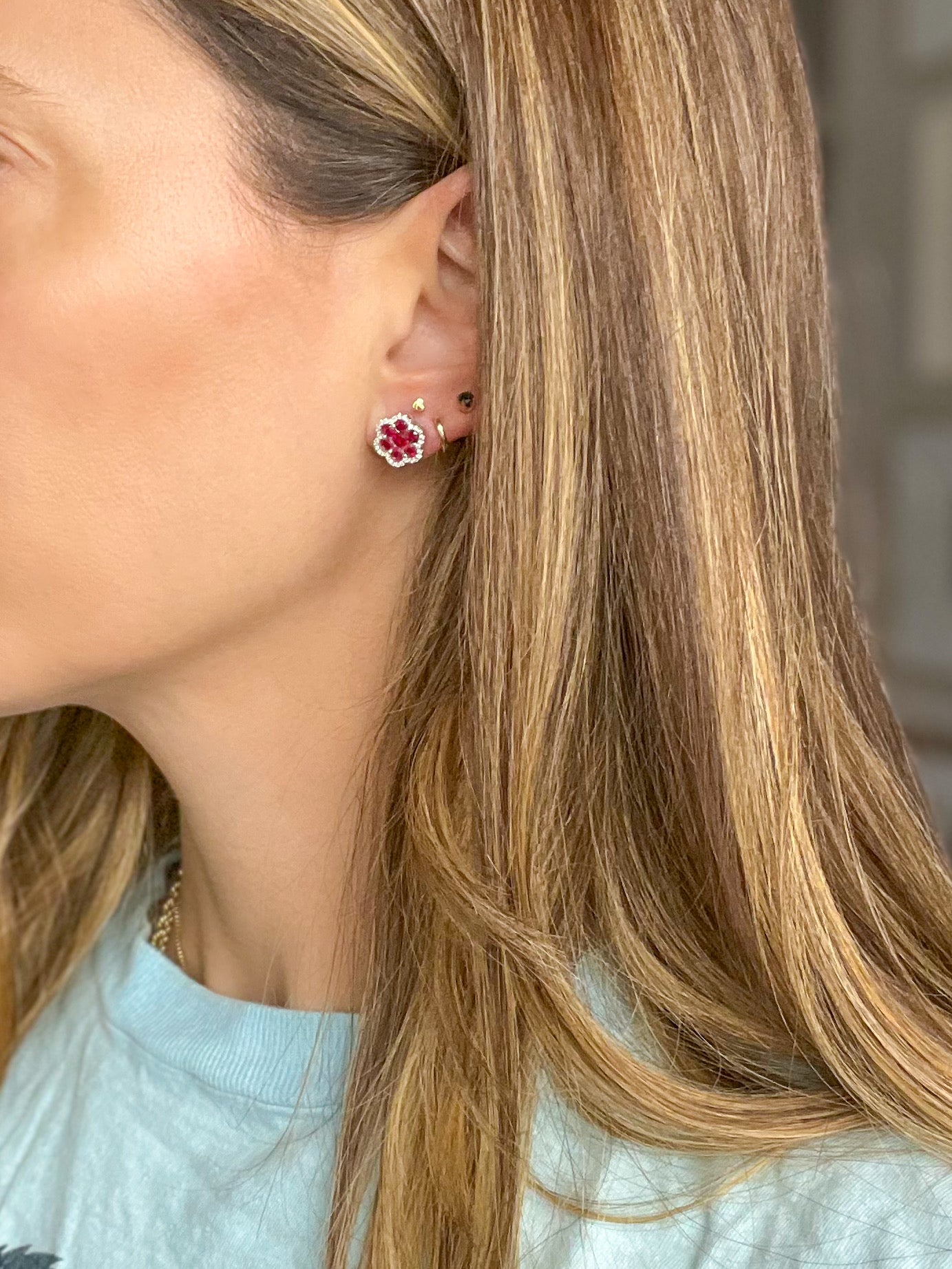 Natural Ruby, Sapphire, Emerald and Diamond 14k White Gold Stud Earrings