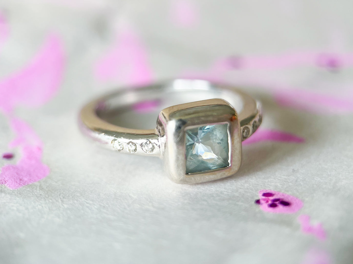 Vintage Natural Aquamarine and Diamond 14k White Gold Ring