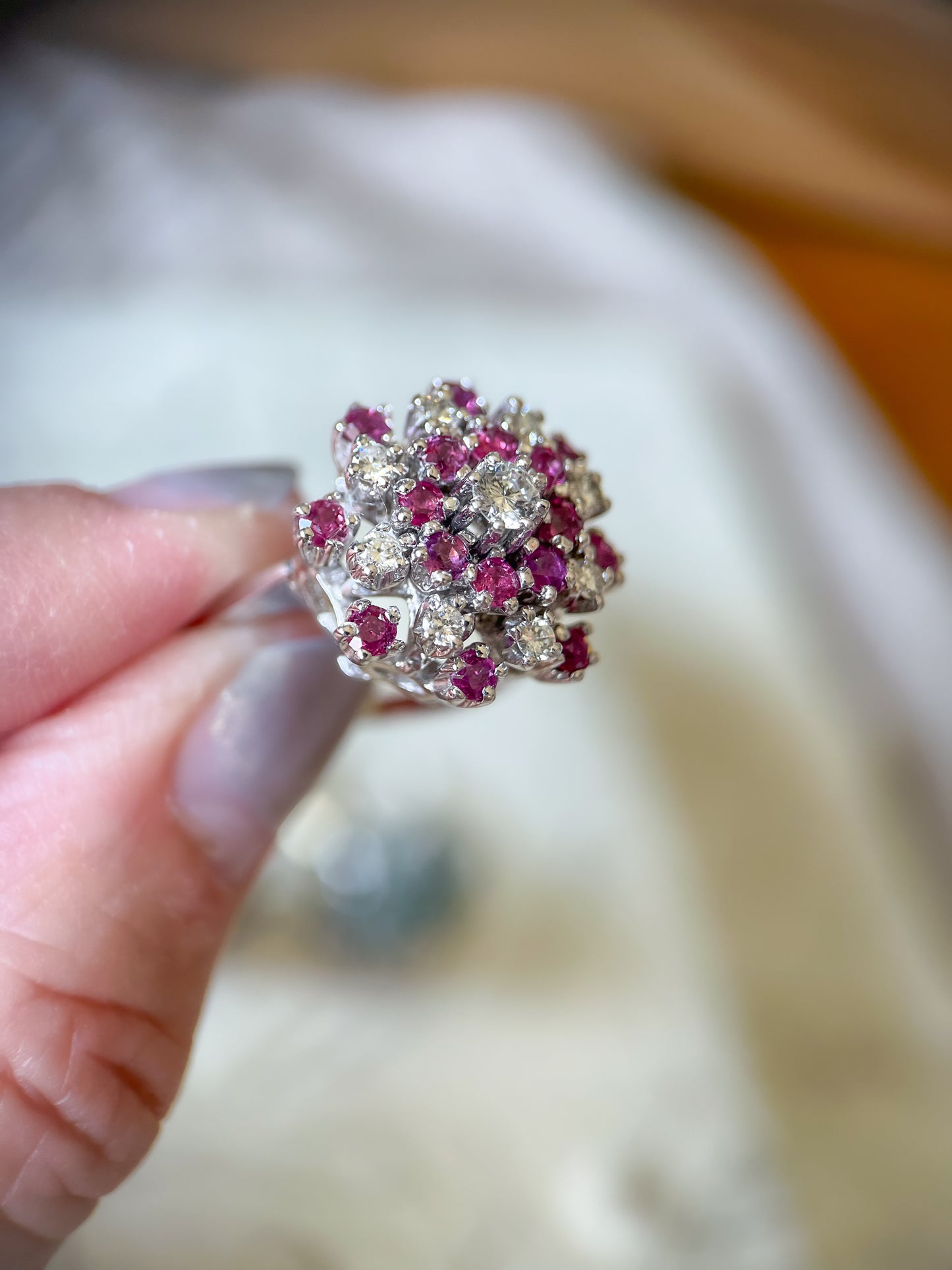 Vintage Natural Ruby and Diamonds 14k White Gold Statement Ring