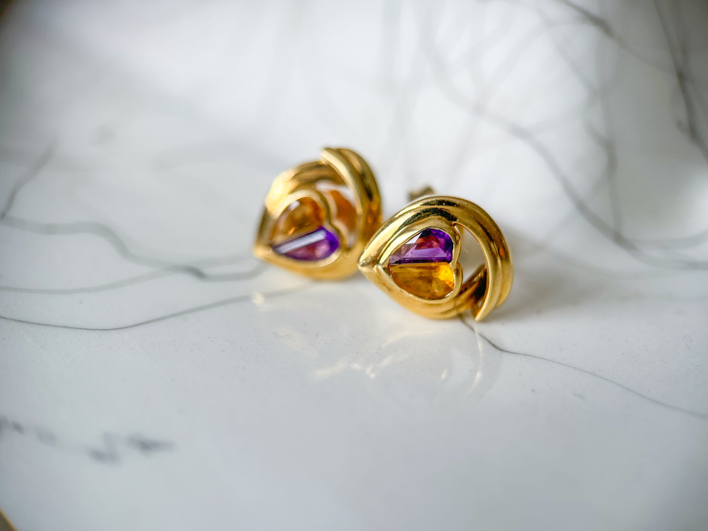 Vintage Natural Amethyst and Natural Citrine Heart Shaped Stud Earrings, circa 1990s
