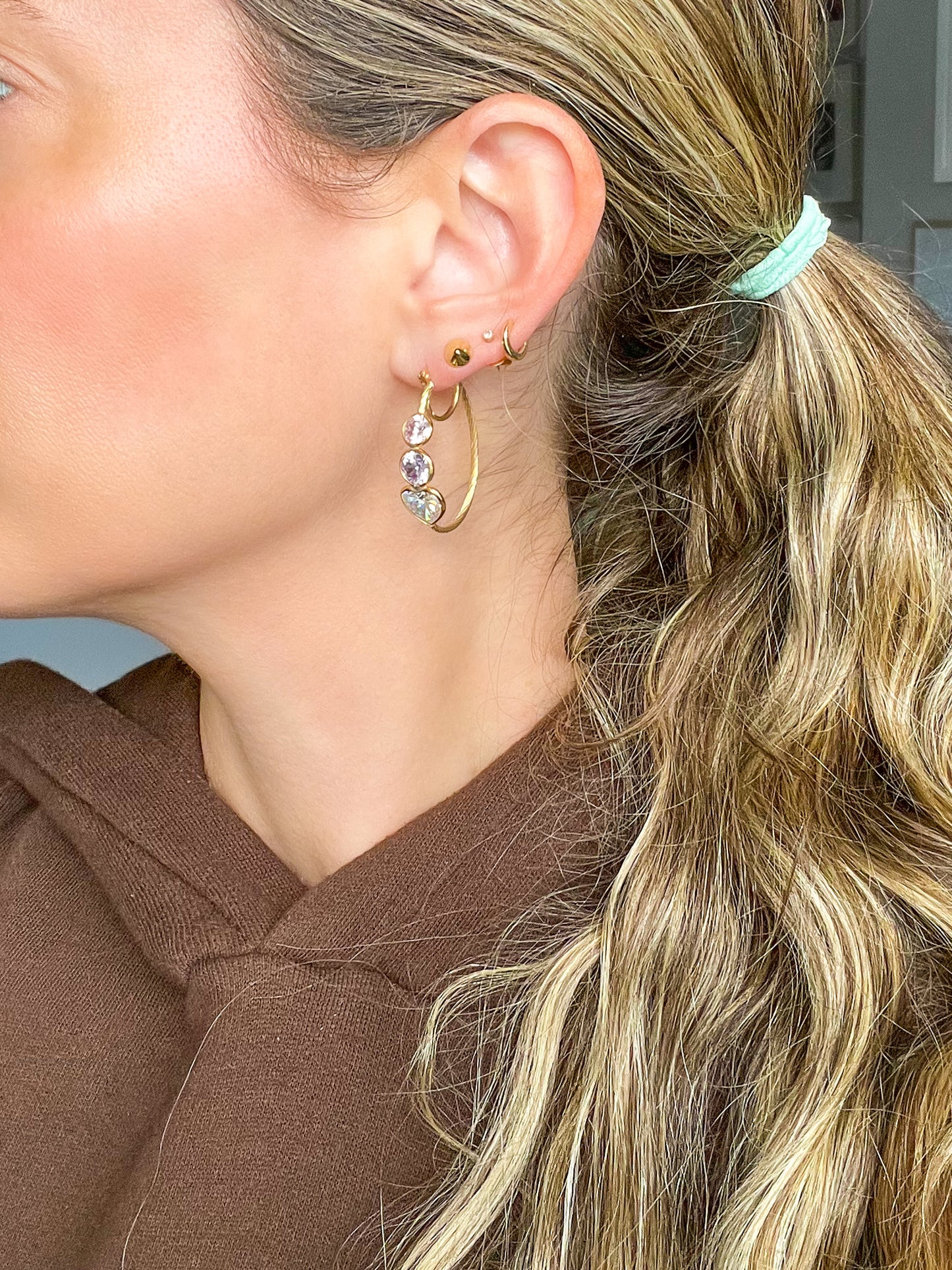 Vintage 3 Stone CZ 14k Yellow Gold Double Hoop Earrings