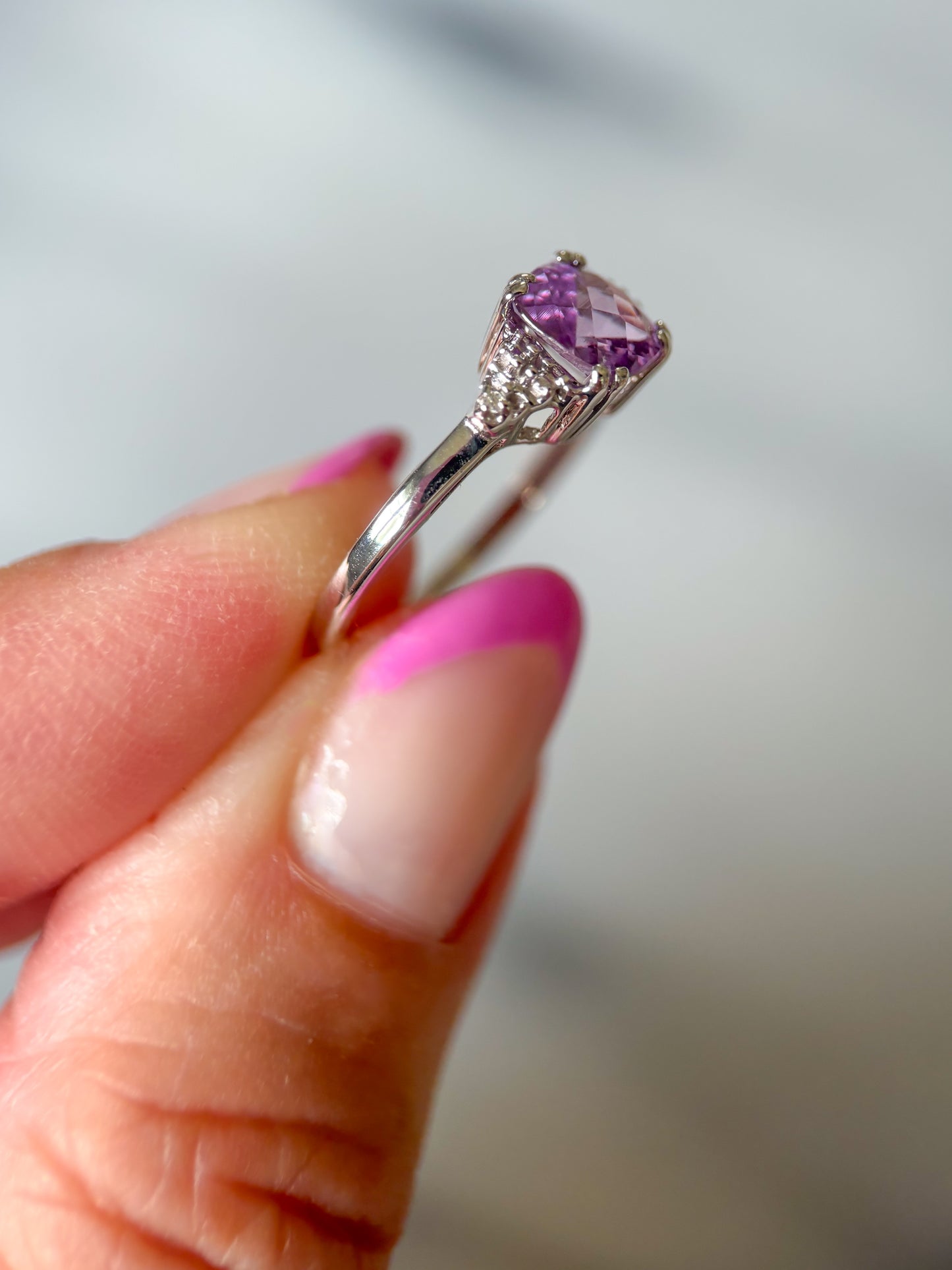 Vintage Amethyst and Natural Diamond 14k White Gold Ring