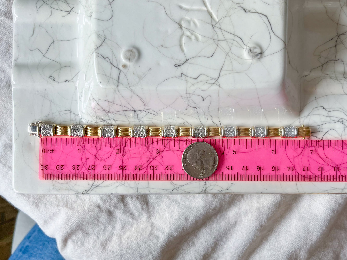 Vintage Natural Diamond 14k White Gold and Yellow Gold Two Toned Heavy 7 Inch Bracelet