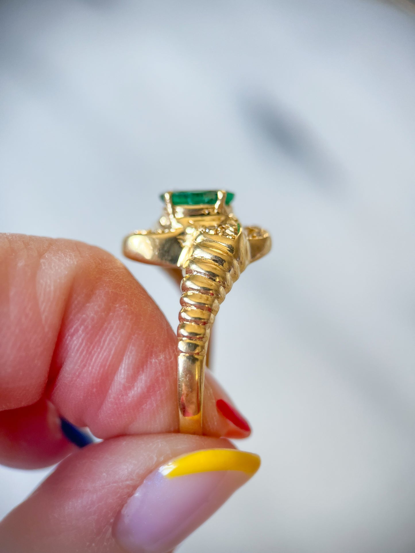 Vintage Natural Emerald and Diamond 14k Yellow Gold Ring