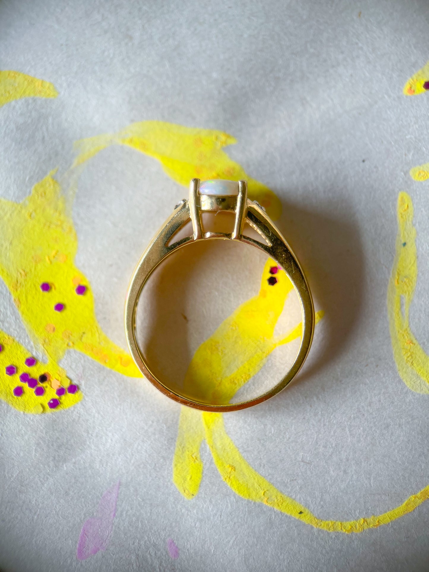 Vintage Natural Opal and Natural Diamond 10k Yellow Gold Ring